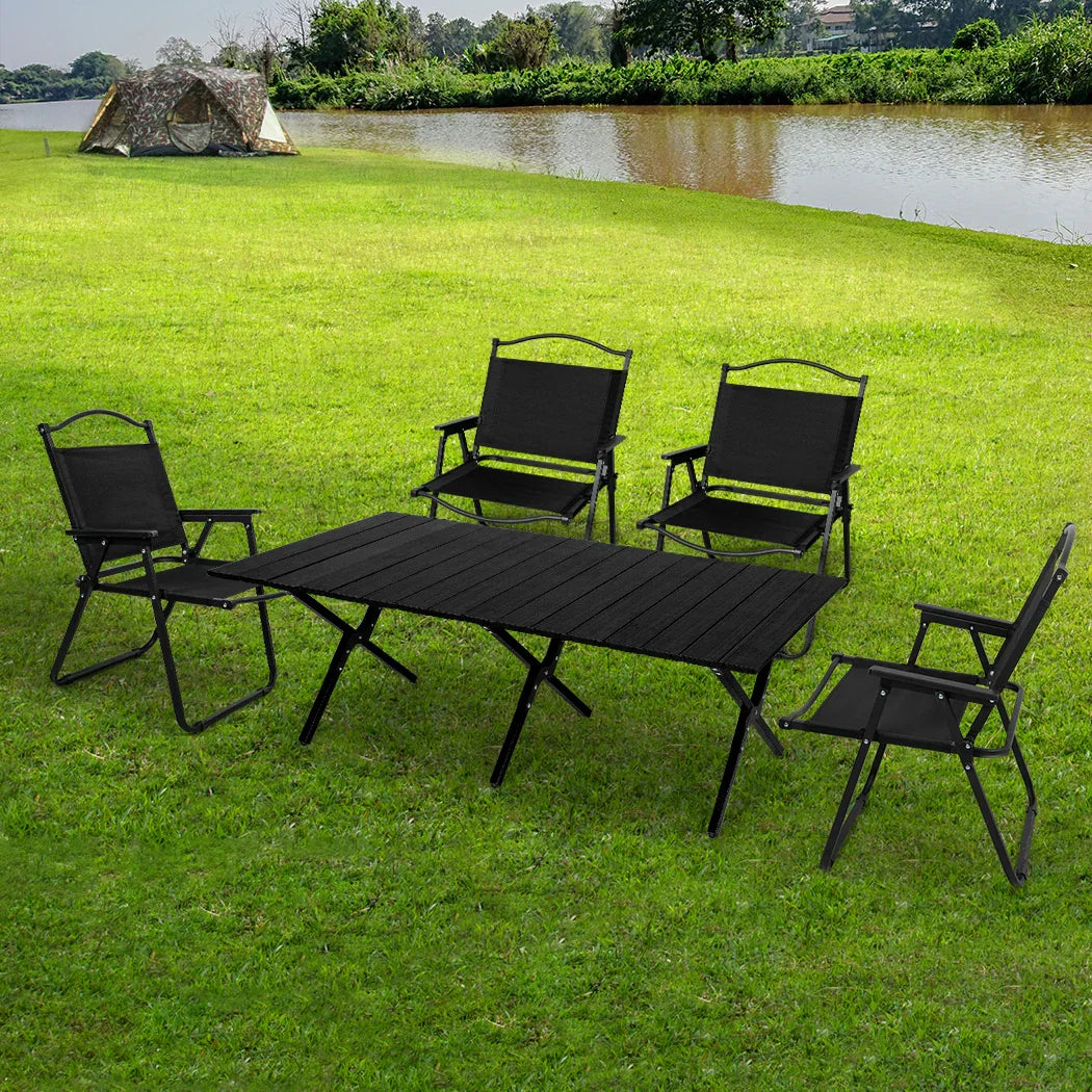 Levede Folding Camping Table Chair Set Black-2006733114986074119