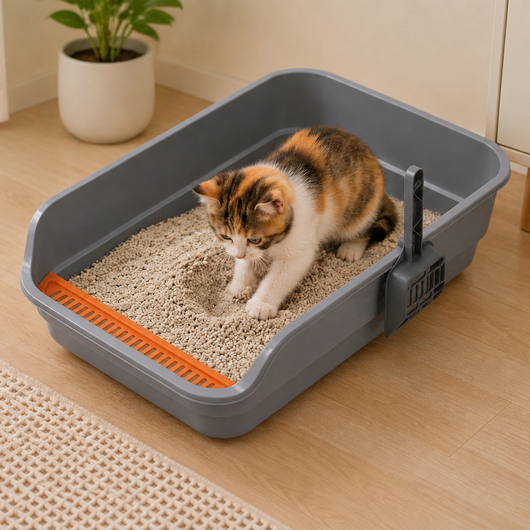 Pawz Large Cat Litter Box High Sided Open Top Cat Litter Tray 60cm Grey-2072893574265049095
