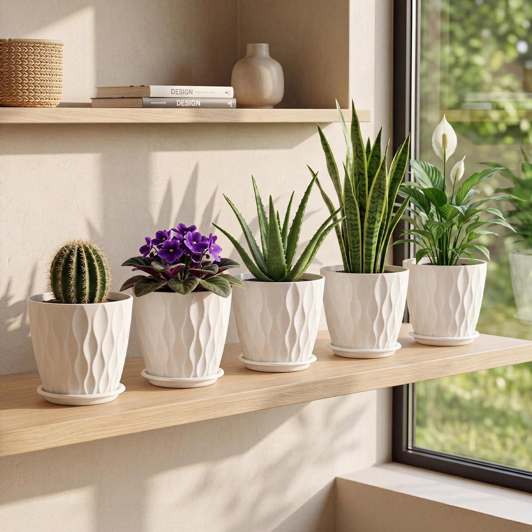 Toque Plant Pots 5 Pcs 8 Inchs Plastic Planter Pots with Drainage Saucers White-2072893580992712711