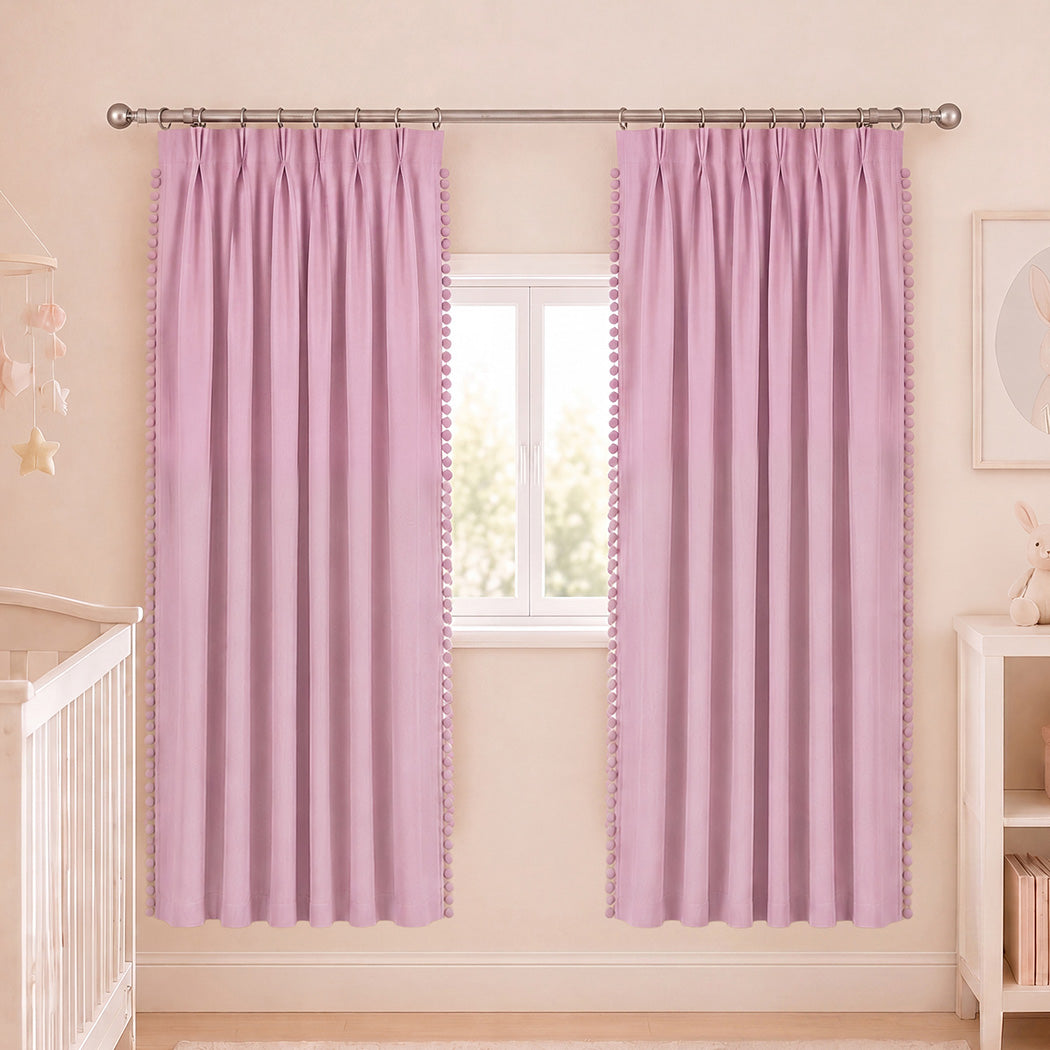 Marlow Blackout Curtains Pink 2 Panels Thermal Insulated Pom Pom 132cm x 213cm-2072893564165165063
