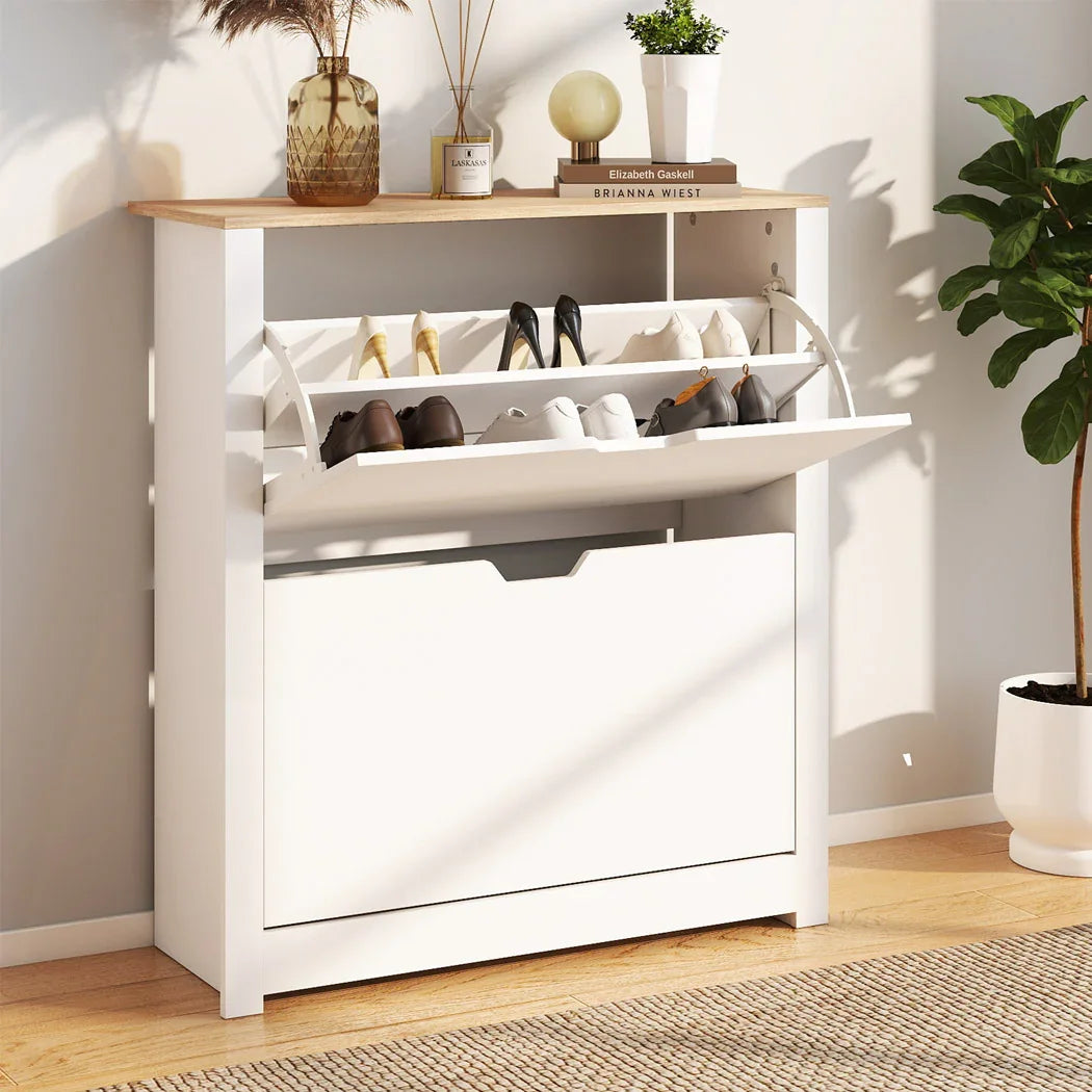Levede Narrow Shoe Cabinet Organiser Storage Rack Flip-up Drawer 12 Pairs White-2050056773427138568