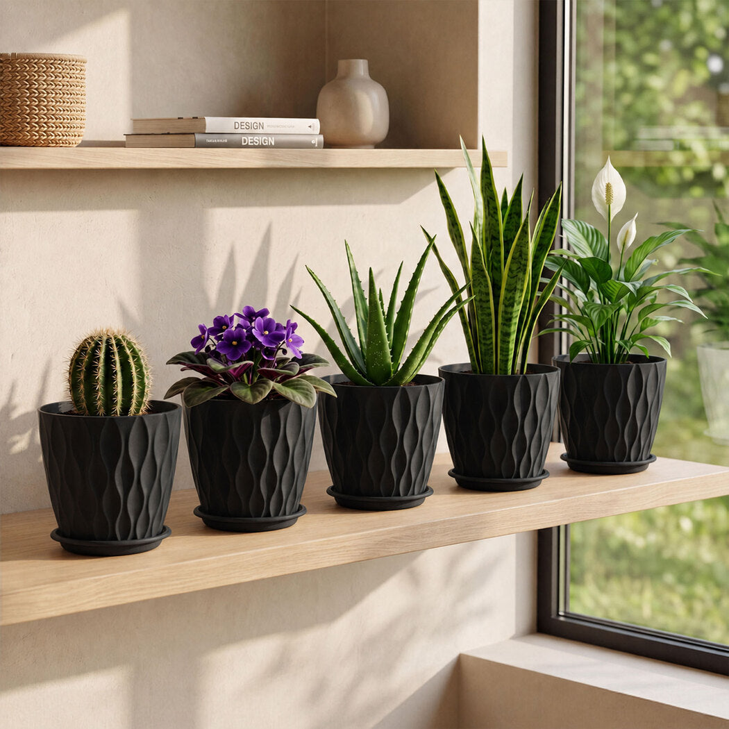 Toque Plant Pots 5 Pcs 8 Inchs Plastic Planter Pots with Drainage Saucers Black-2072893580812357639