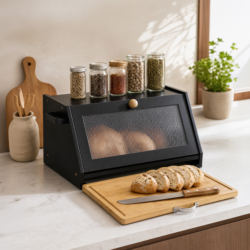 Toque Bread Box Bamboo Bread Storage Container with Cutting Board Black-2072893581194039303