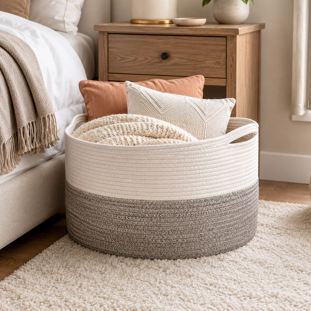 Levede Blanket Basket Cotton Rope Foldable Large with Handles Bedroom Brown-2100035024177991687