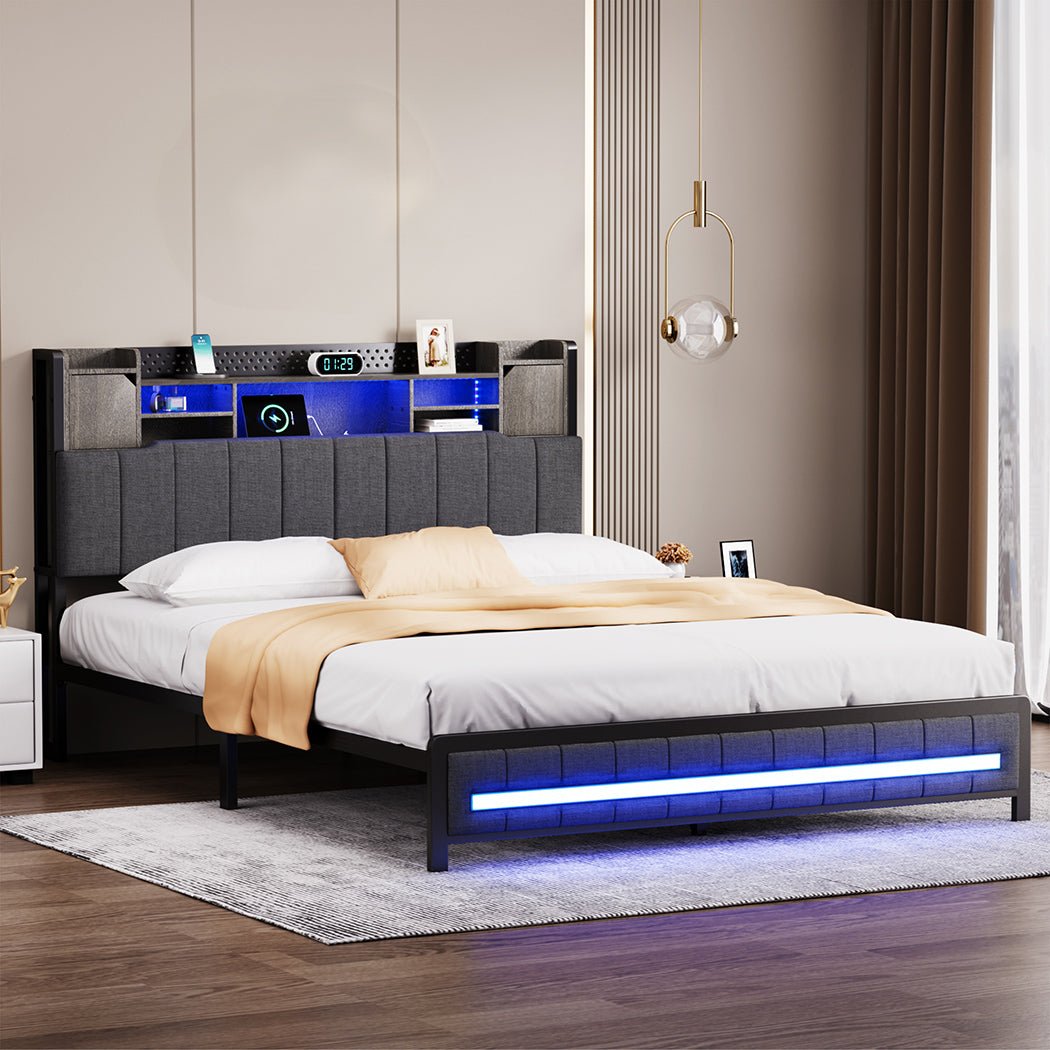 Levede Queen Bed Frame with Storage Headboard RGB LED