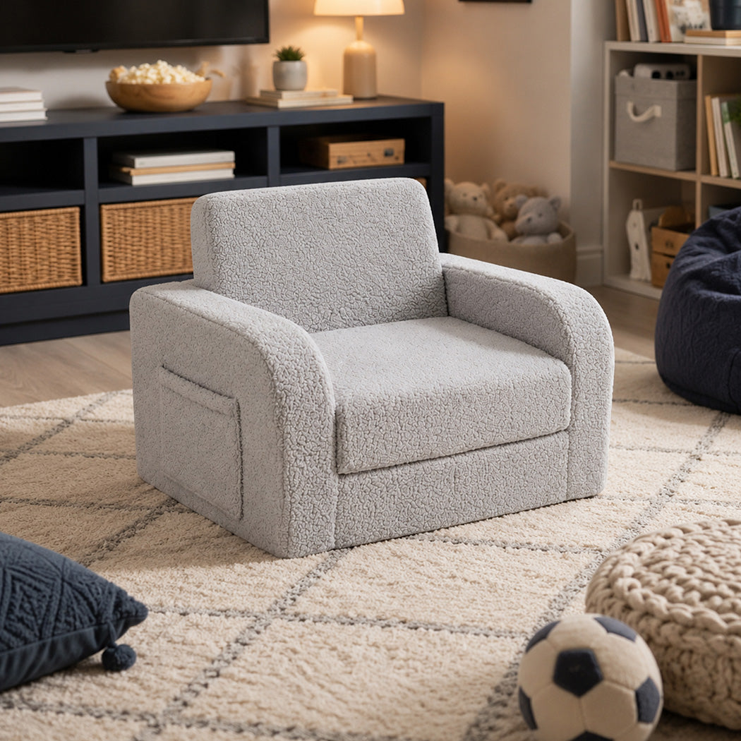 BoPeep Kids Sofa 3-In-1 Fold Out Toddler Chair Teddy Plush for Napping Gray-2109799595457056776
