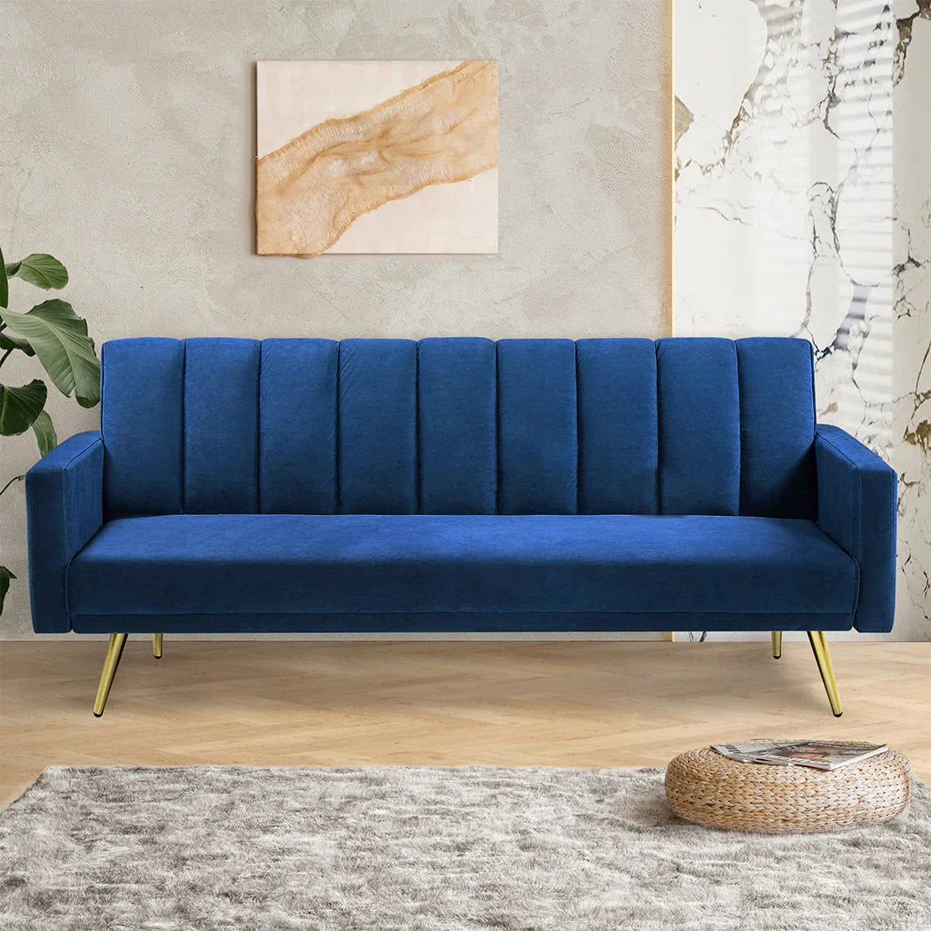 Levede Sofa Bed Convertible Velvet Lounge Recliner Couch Sleeper 3 Seater Blue-2006732804825681927
