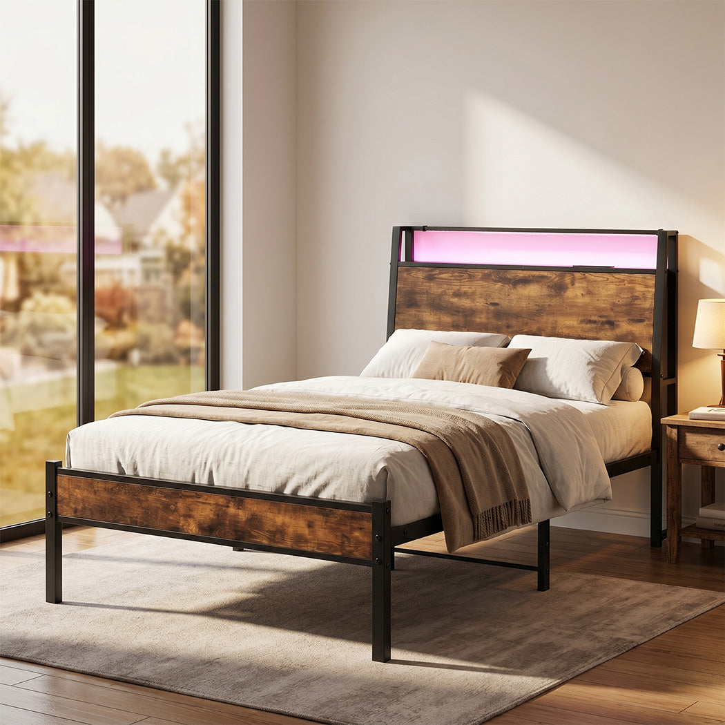 Levede Single Bed Frame LED Lights USB Charging Storage Headboard Metal Platform-2072893552618246151