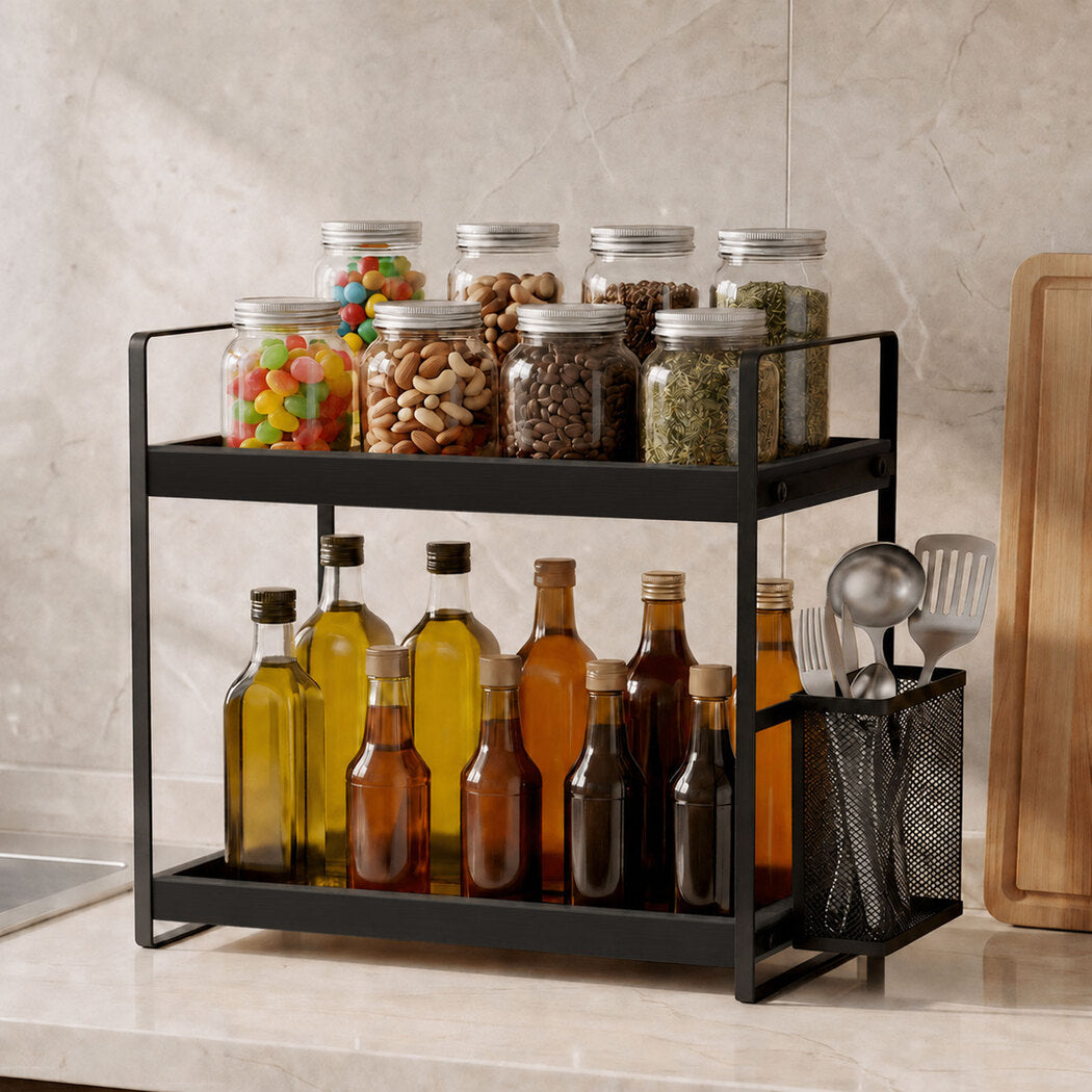 Levede 2 Tier Countertop Organiser Classic Storage Rack Bathroom Kitchen Black-2072893554912530439