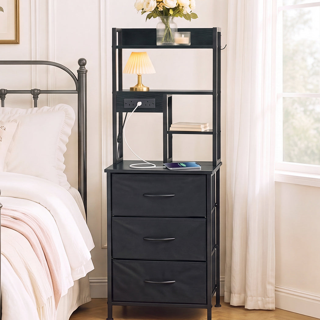 Levede Bedside Table with Charging Station 3 Drawer RGB Light Night Stand Black-2109799597017337864