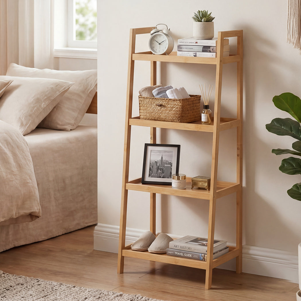 Levede Bamboo Ladder Bookcase 4-Shelf Books Plant Storage Shelf Rack Organiser-2050056773796237319