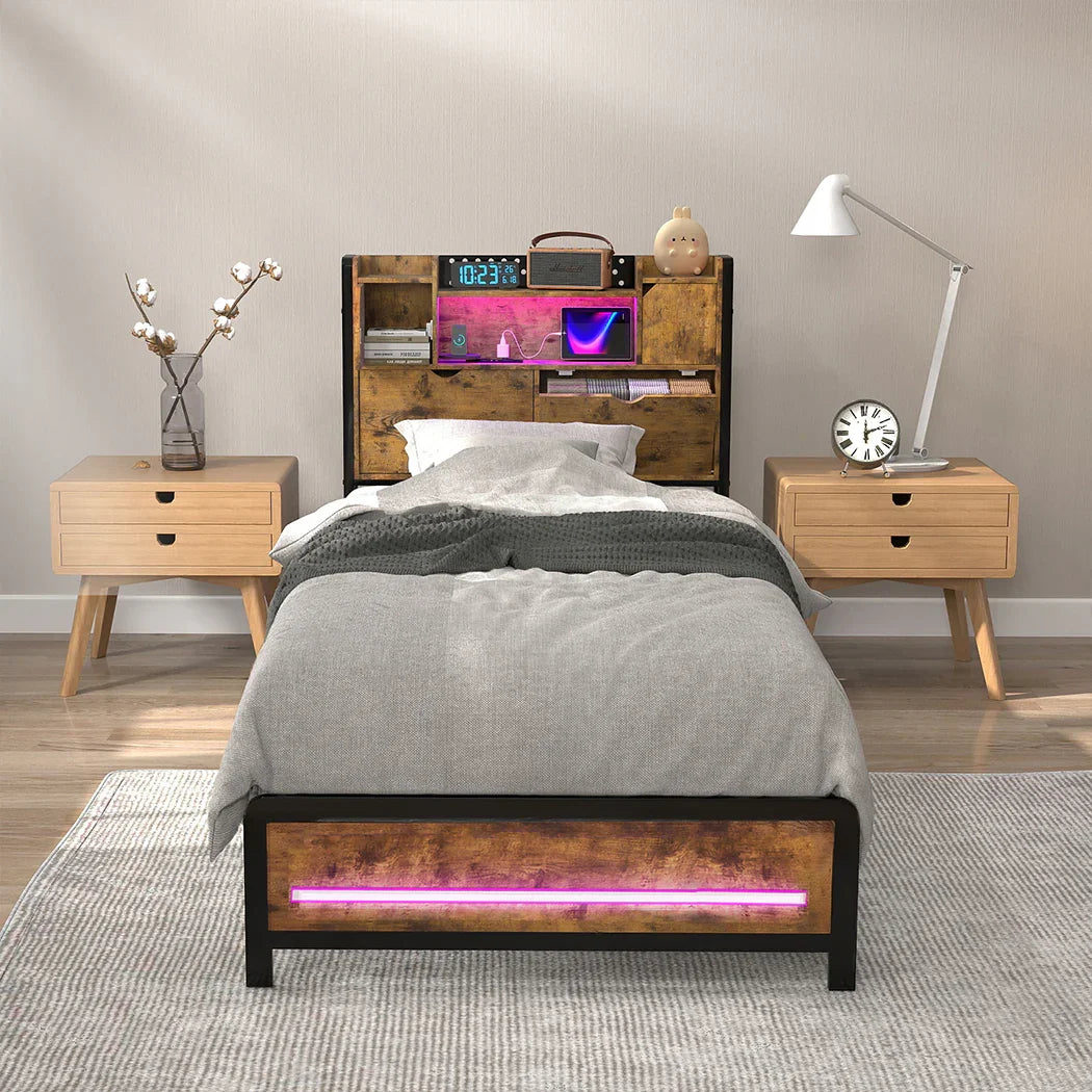 Levede Single Bed Frame Storage Headboard Industrial-2050056749062426631