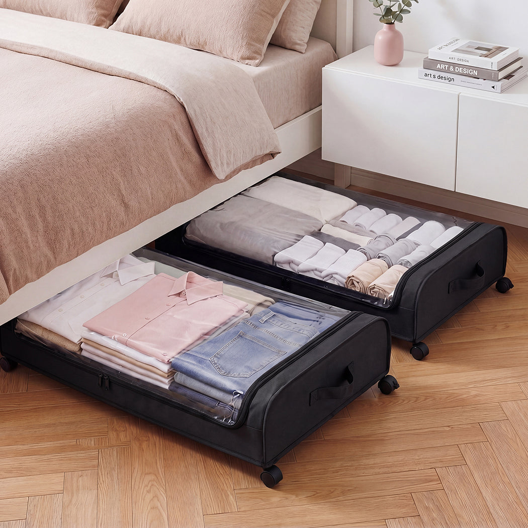 Levede 2x Under Bed Storage Containers for Shoe and Apparel Clear-Lidded Black-2072893558800650247
