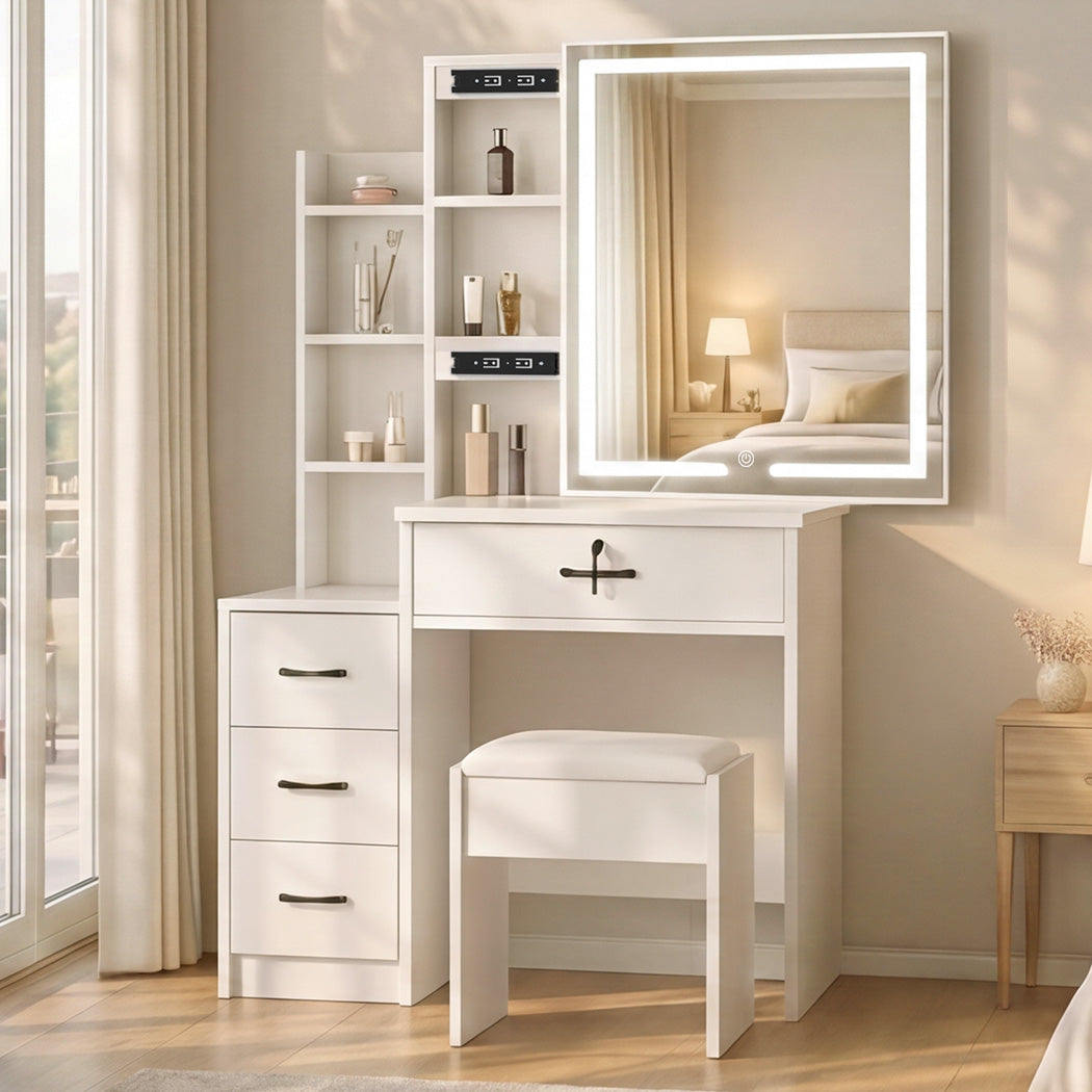 Levede Dressing Table Vanity Stool Set Sliding LED Mirror Makeup Storage Shelves White-2072893560474177544