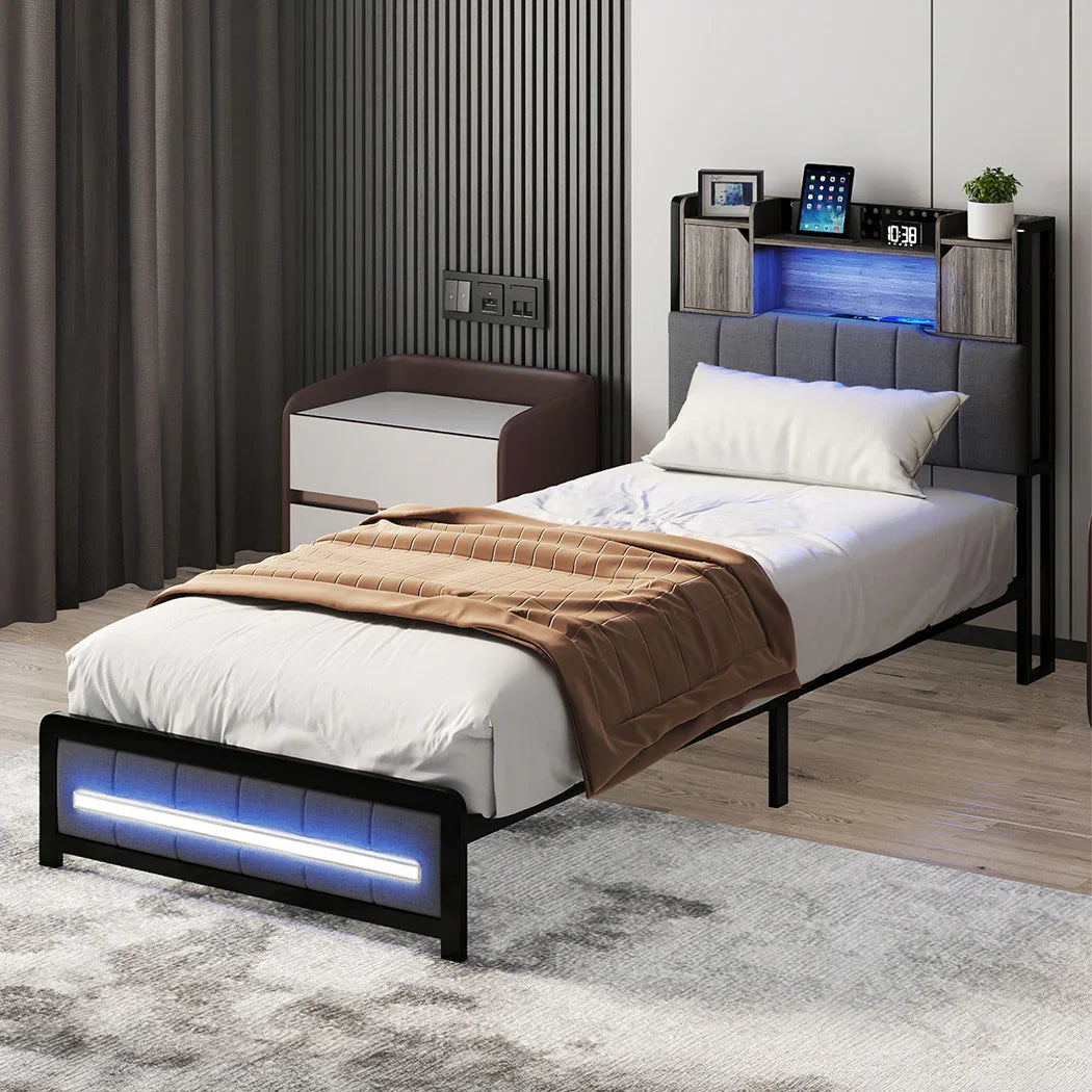 Levede Single Bed Frame with Storage Headboard RGB LED-2050056749460885511