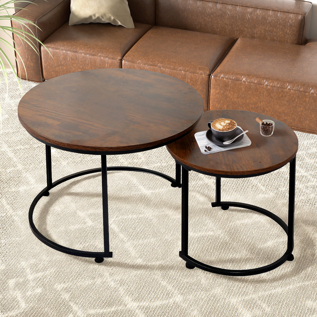 Levede Round Nesting Table Coffee Table Wood Side Table-1984023719873482759