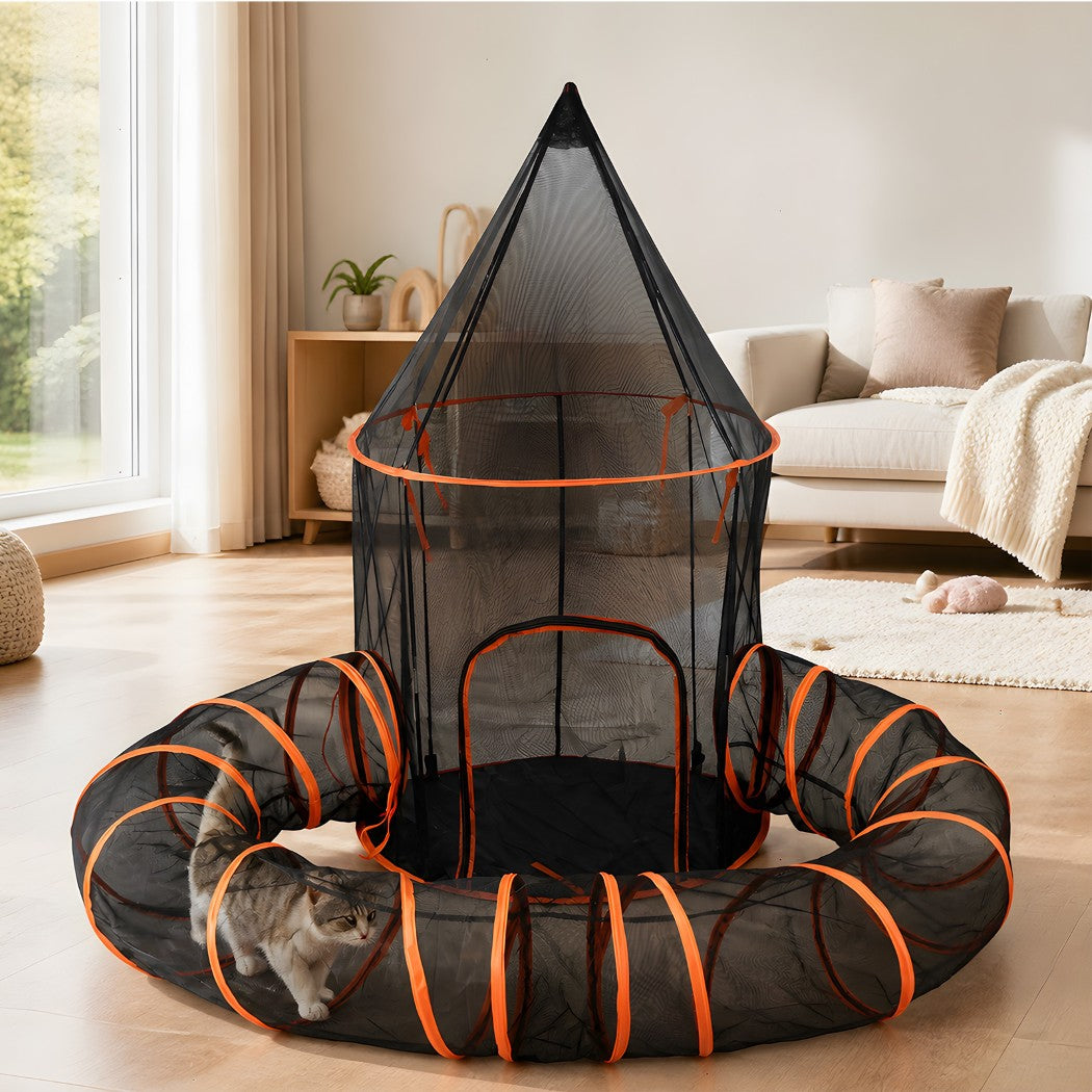 PaWz Cat Tunnel Enclosure Large Foldable Spacious Mesh for Indoor Outdoor Black-2109799598250463240