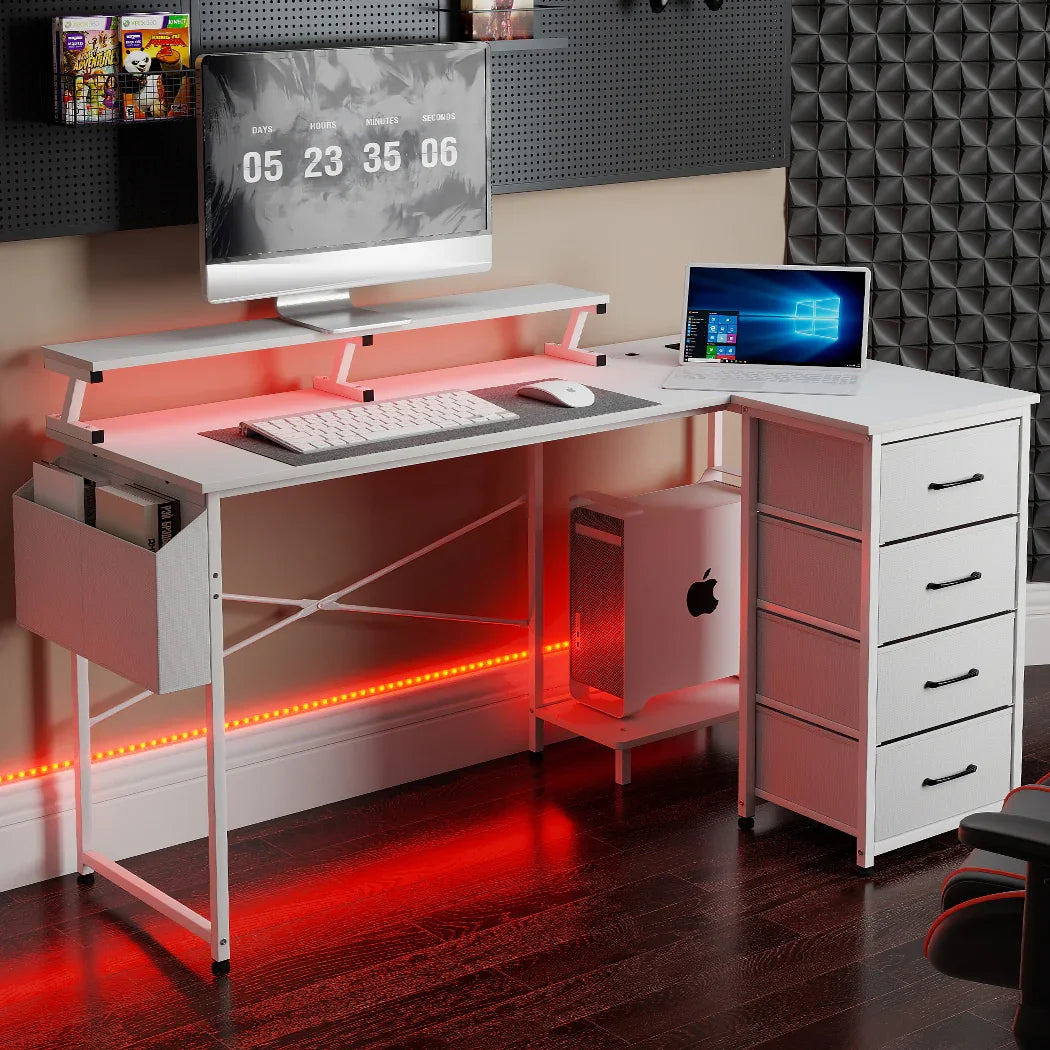 Levede L Shaped Gaming Desk with Storage Drawers White-2050056895770791943