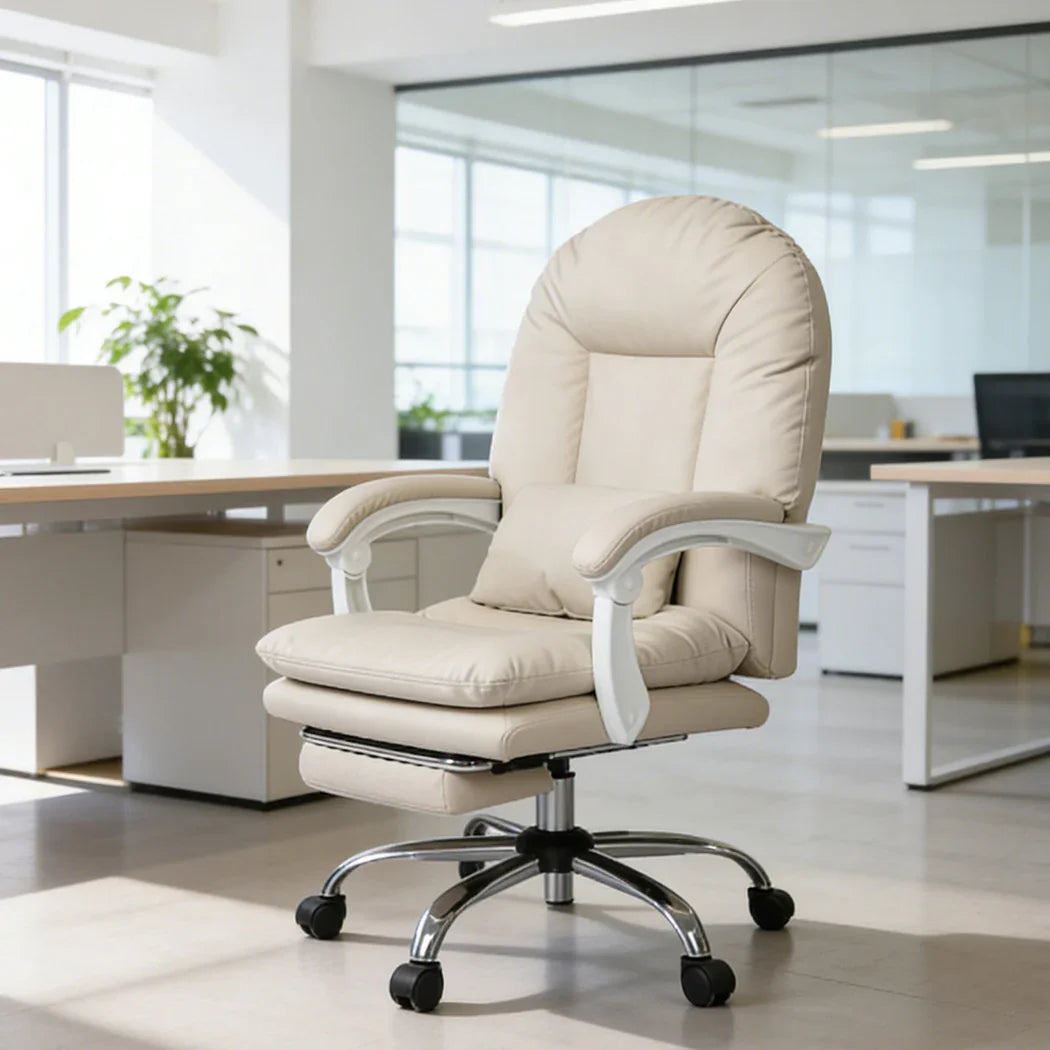 Levede Executive Office Chair Footrest PU Leather Tilt Gaming Work Seat Beige-2050056782683967495