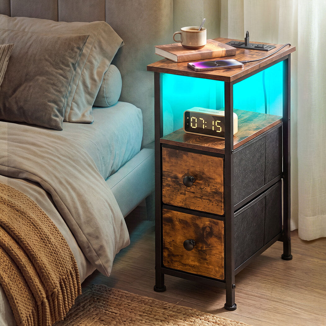 Levede Bedside Table Narrow Side Table with LED Charging Station Brown-2100034980666281991