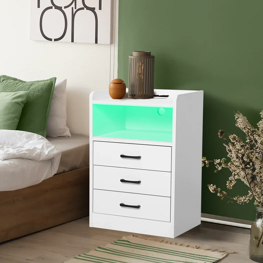 Levede Bedside Table USB Charger Outlet LED White-2029387251049435142