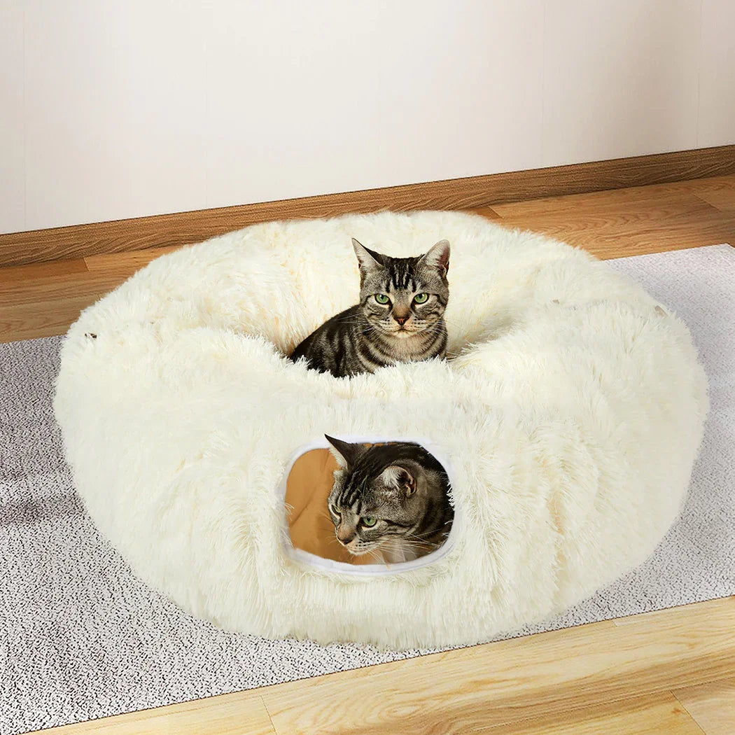 Pawz Cat Tunnel Foldable Fluffy Plush Play Tube Beige-2006732904268435462