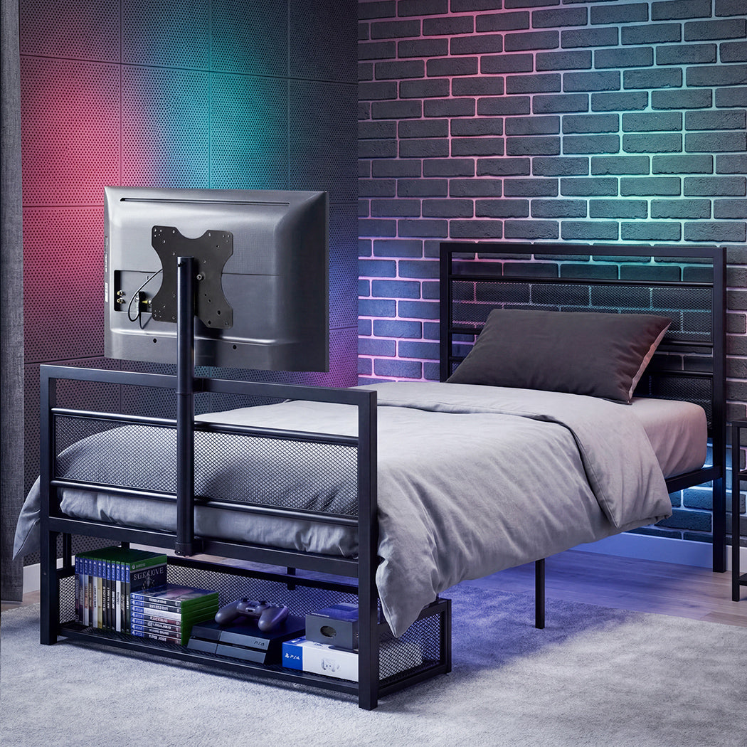 Levede Gaming Bed Frame Rotating TV Mount Storage Metal Single Bed 32in Bedroom-2072893552848932871