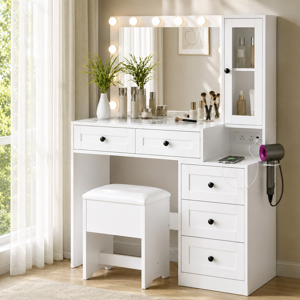 Levede Dressing Table Vanity Desk with LED Mirror 5 Drawers Charging White-2100035036114980872