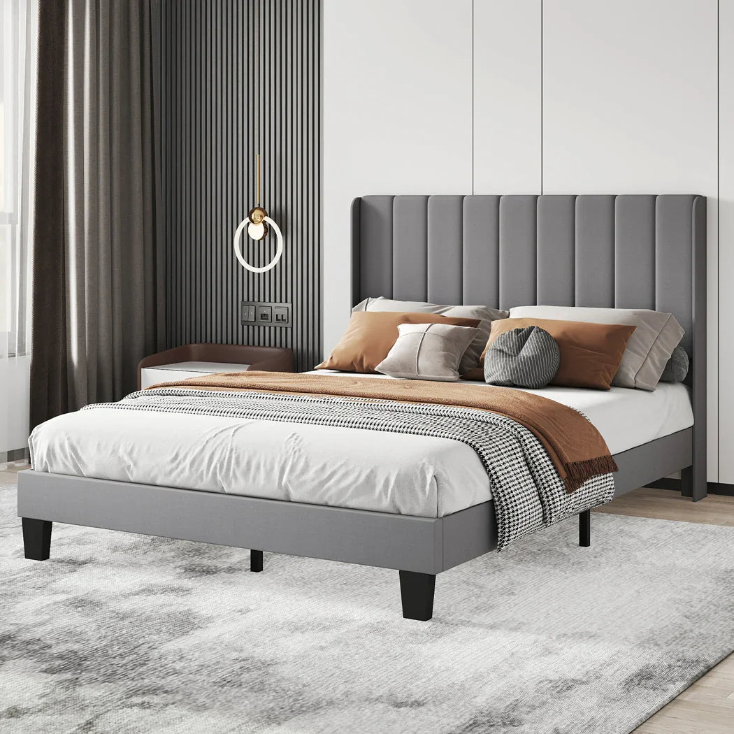 Levede Metal Wooden Bed Frame Double Panel Plush Upholstered Soft Headboard Grey-2050056770482737159