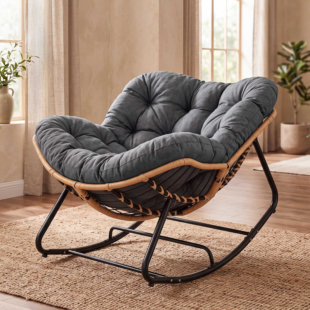 Levede Rocking Chair with Thick Cushion PE Rattan Silent Strip Indoor Patio Grey-2100034939763429383