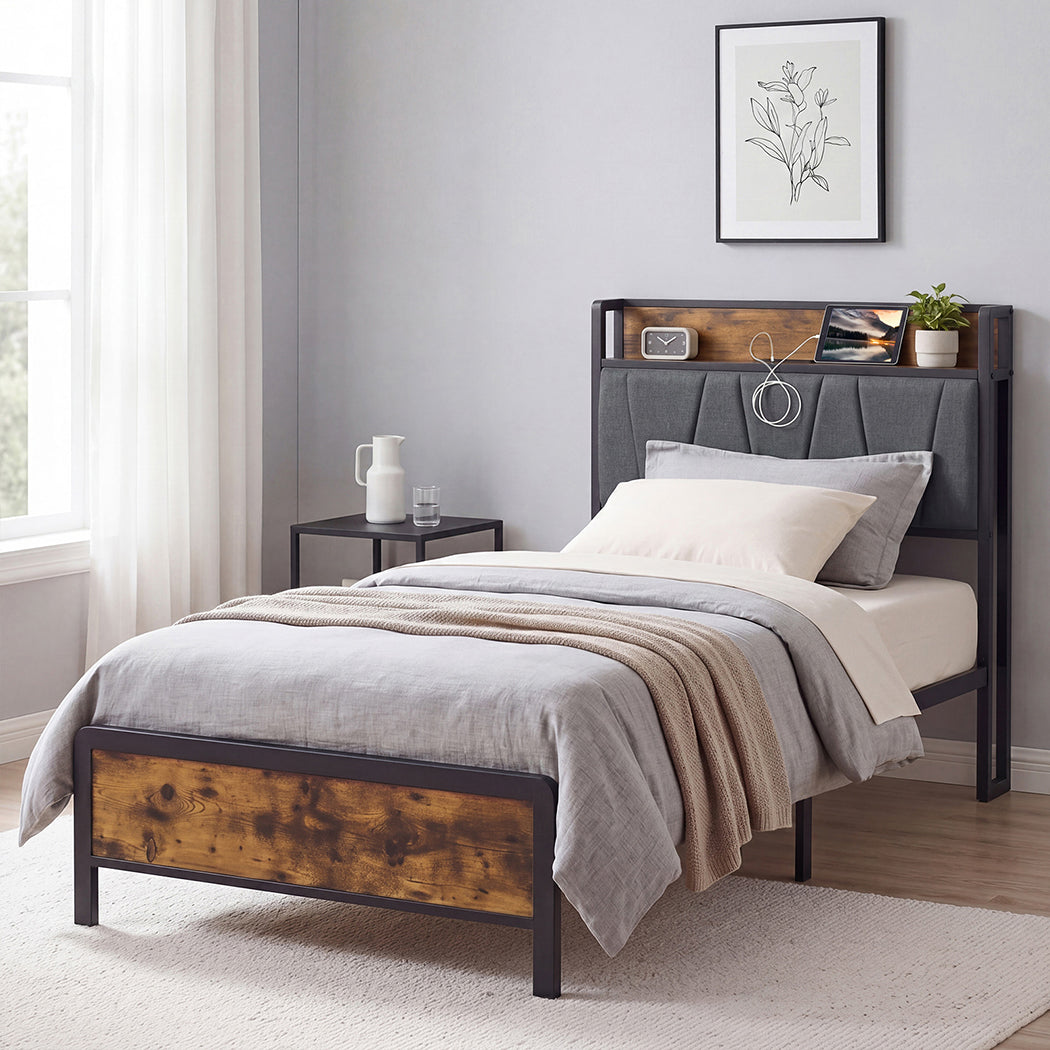 Levede Single Bed Frame Industrial Tufted Soft Storage Headboard USB Charge-2100034936651255815