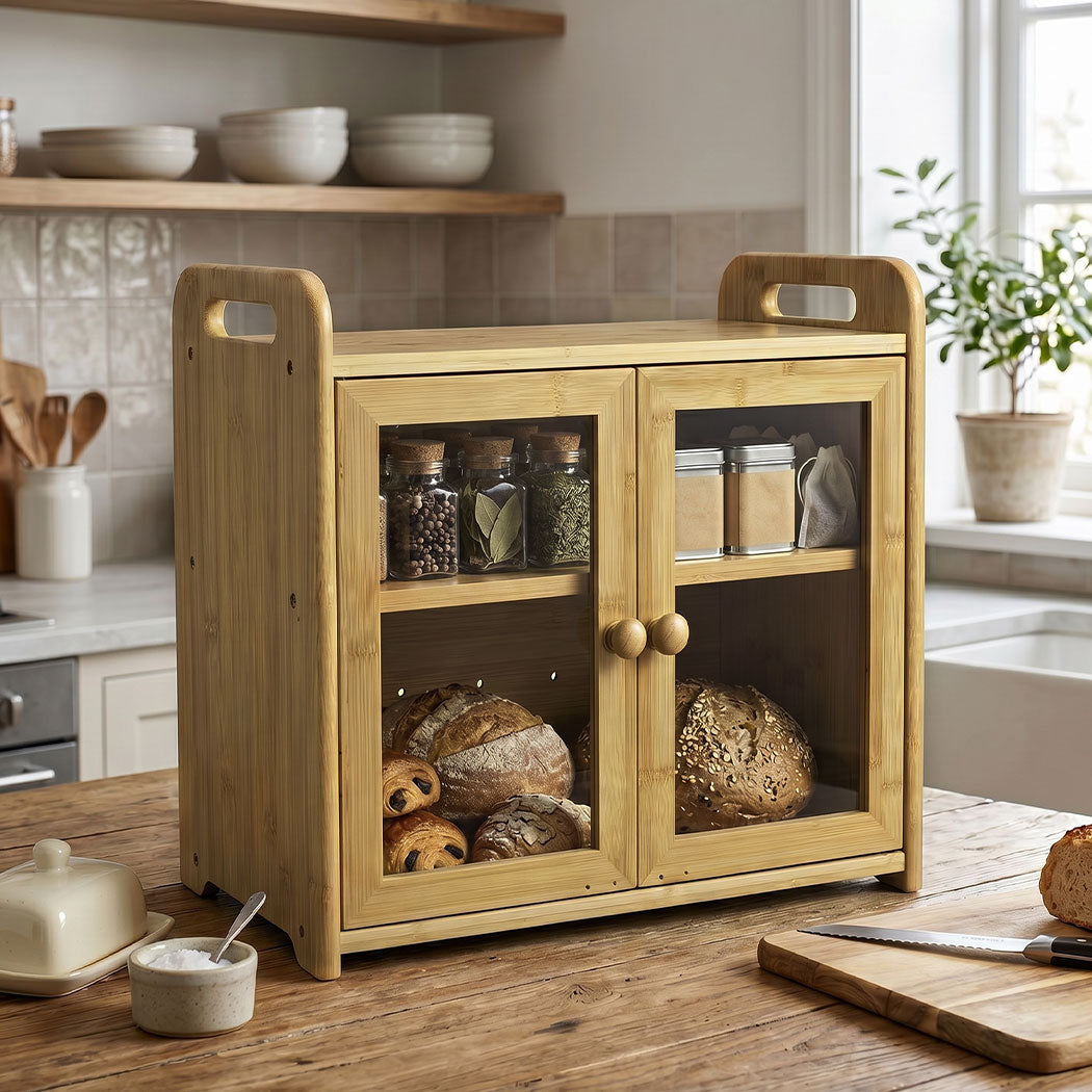 Toque Bread Bin 2 Tier Bamboo Bread Box Kitchen Counter Storage Container 20L-2072893581785436167