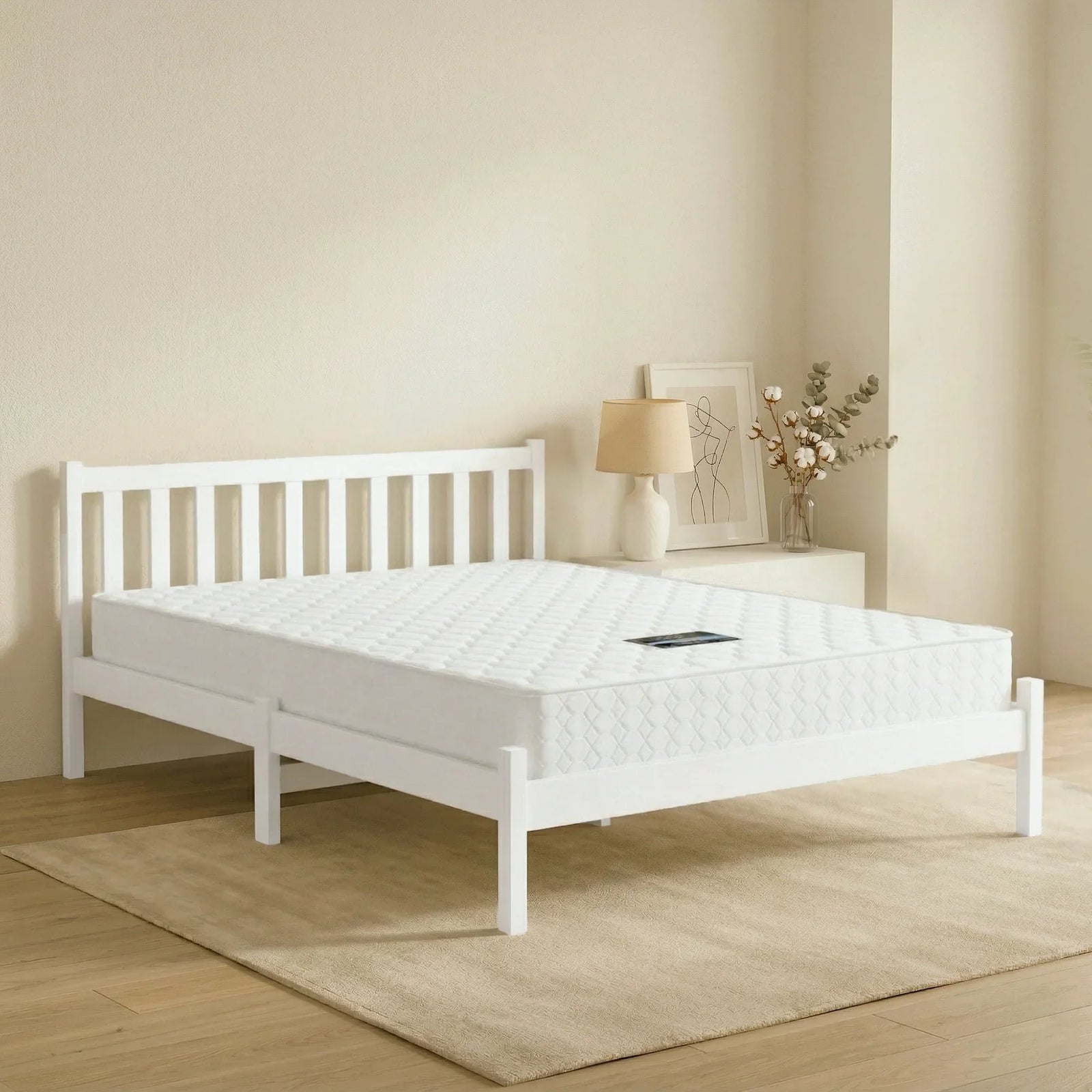 Double Mattress with Wooden Bed Frame Natural Pine Timber Base