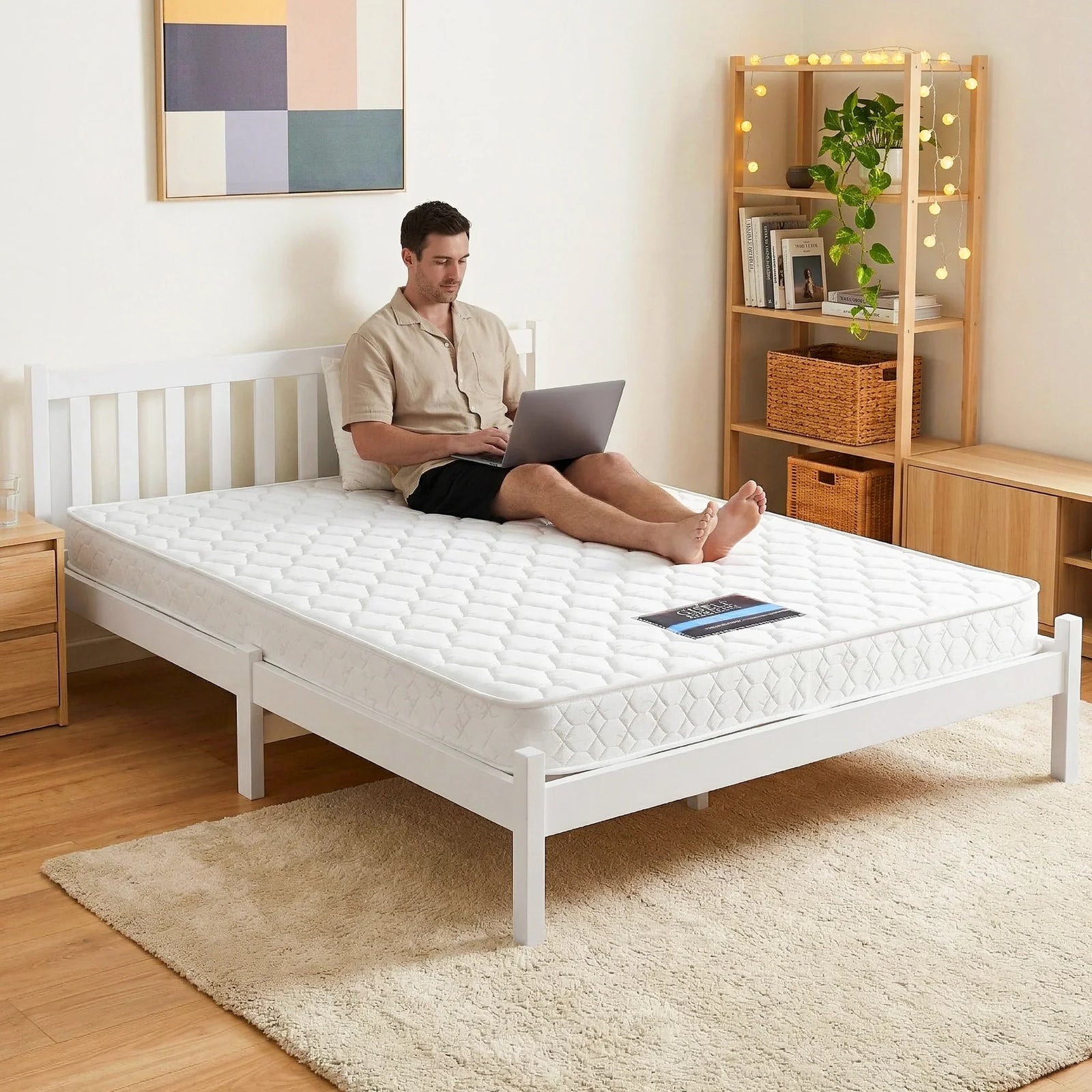 Double Mattress with Wooden Bed Frame Natural Pine Timber Base