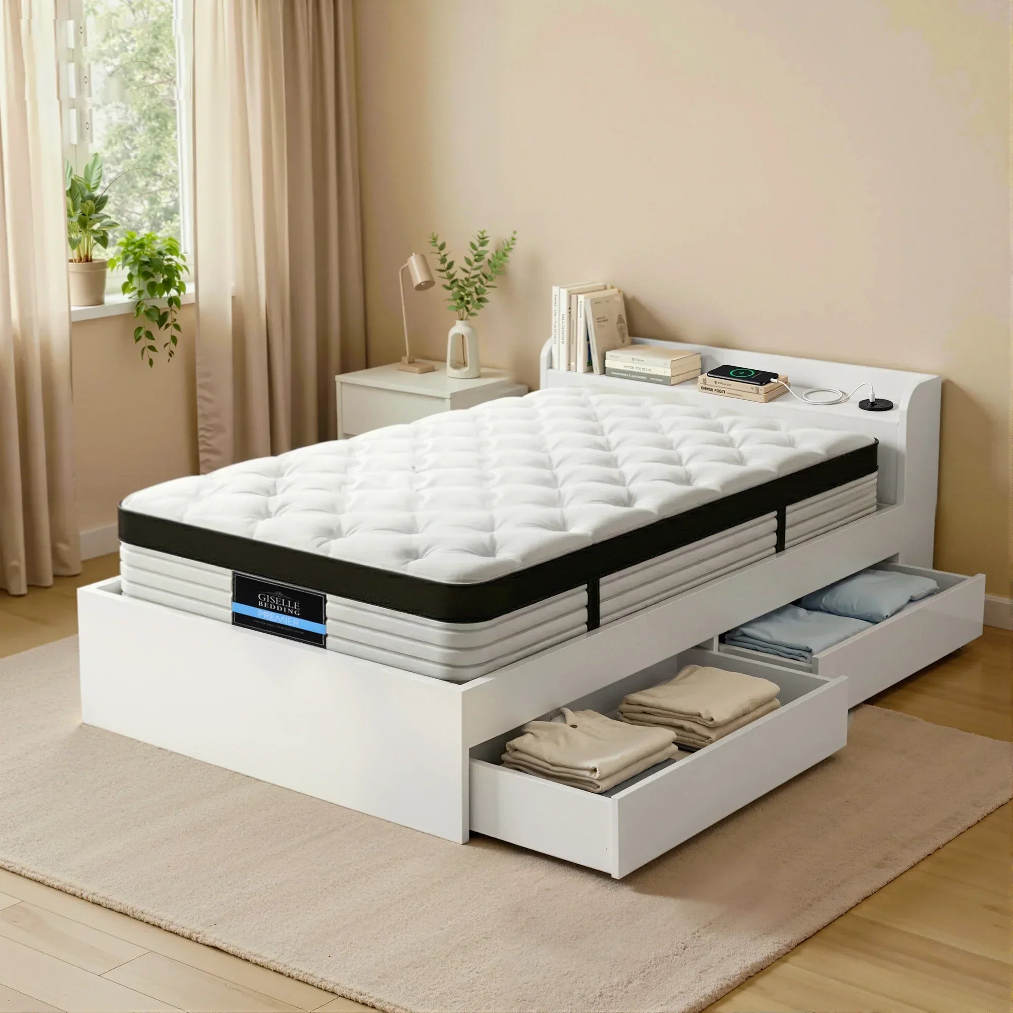 Single Bed Frame & Mattress Bundle – Storage Headboard, USB/Type‑C, Euro Top