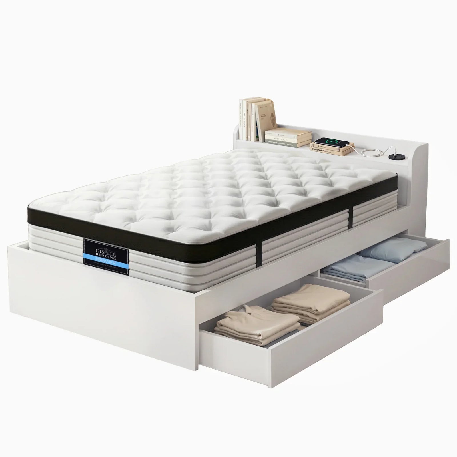 Single Bed Frame & Mattress Bundle – Storage Headboard, USB/Type‑C, Euro Top