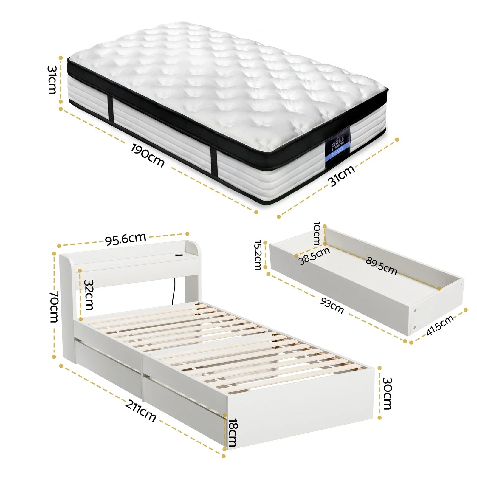 Single Bed Frame & Mattress Bundle – Storage Headboard, USB/Type‑C, Euro Top