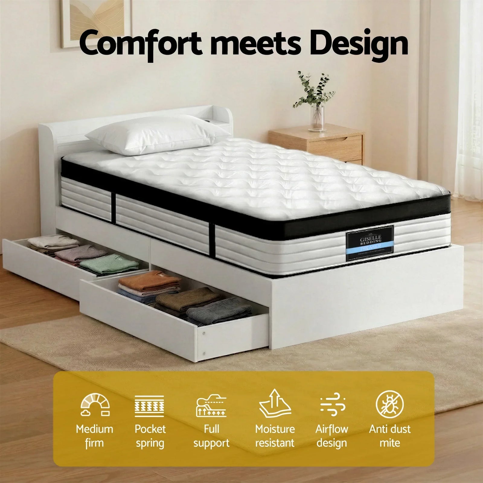 Single Bed Frame & Mattress Bundle – Storage Headboard, USB/Type‑C, Euro Top