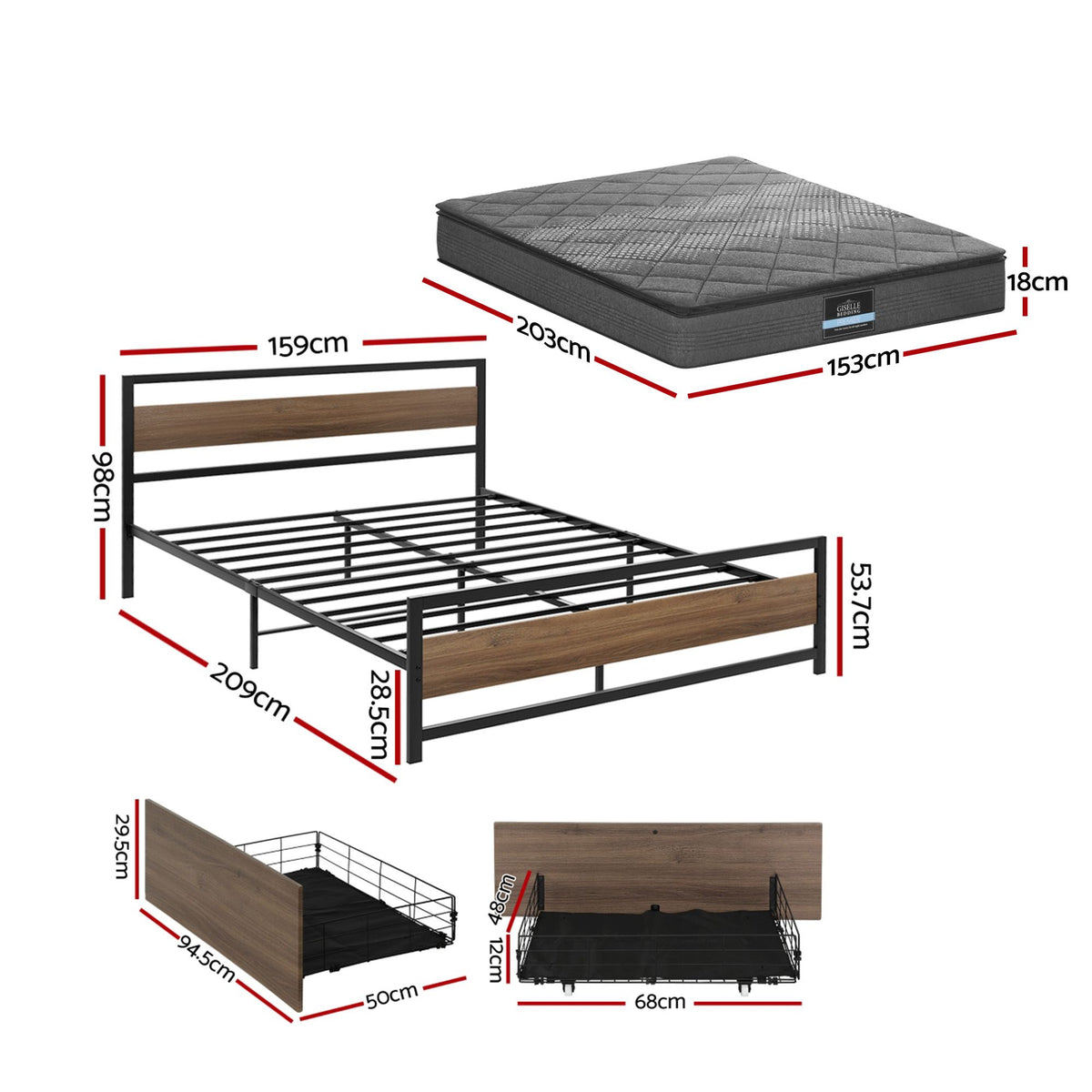 18cm Queen Mattress Pillowtop and Artiss Metal Bed Frame Set With 2 drawers