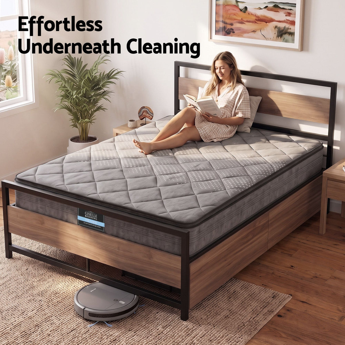 18cm Queen Mattress Pillowtop and Artiss Metal Bed Frame Set With 2 drawers