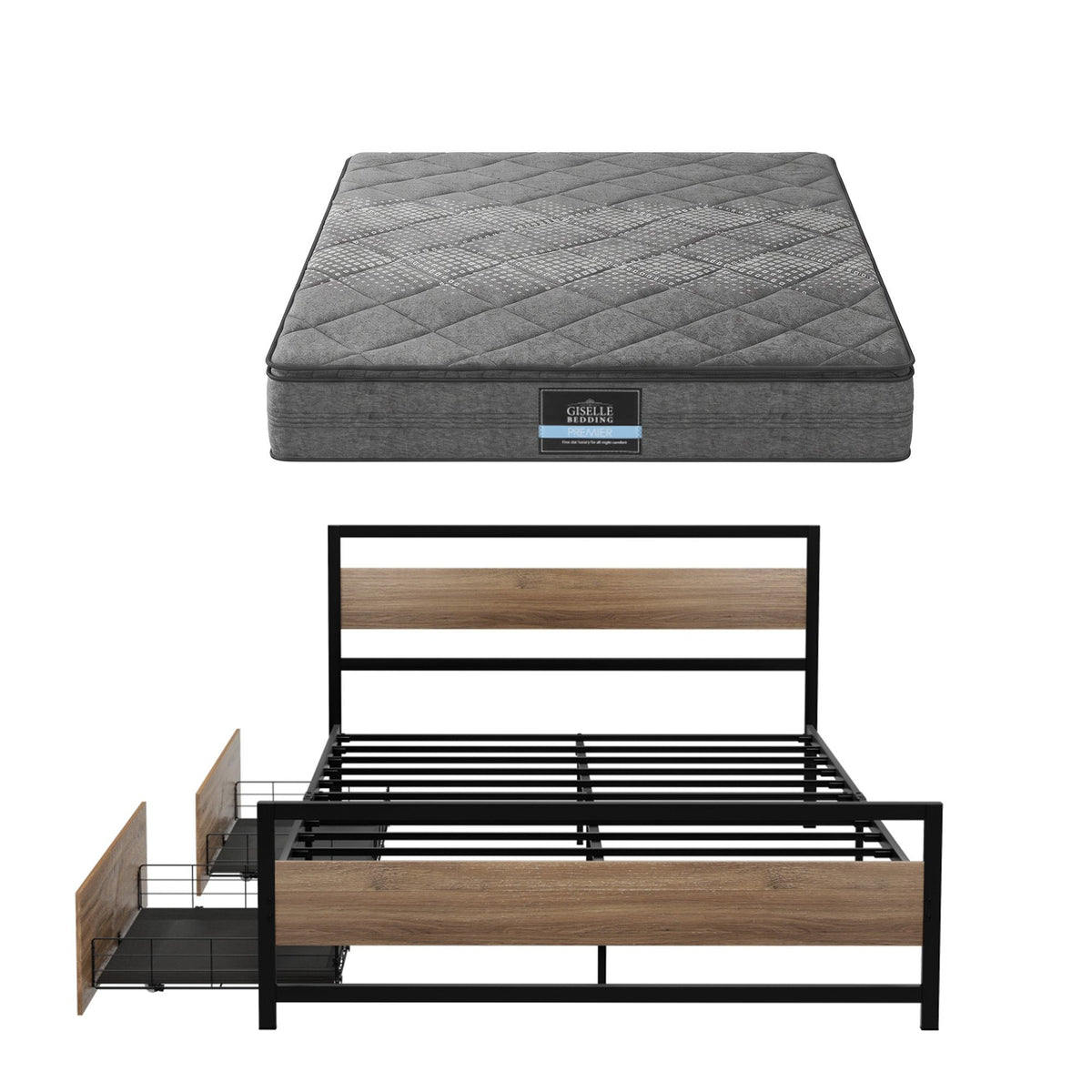 18cm Queen Mattress Pillowtop and Artiss Metal Bed Frame Set With 2 drawers