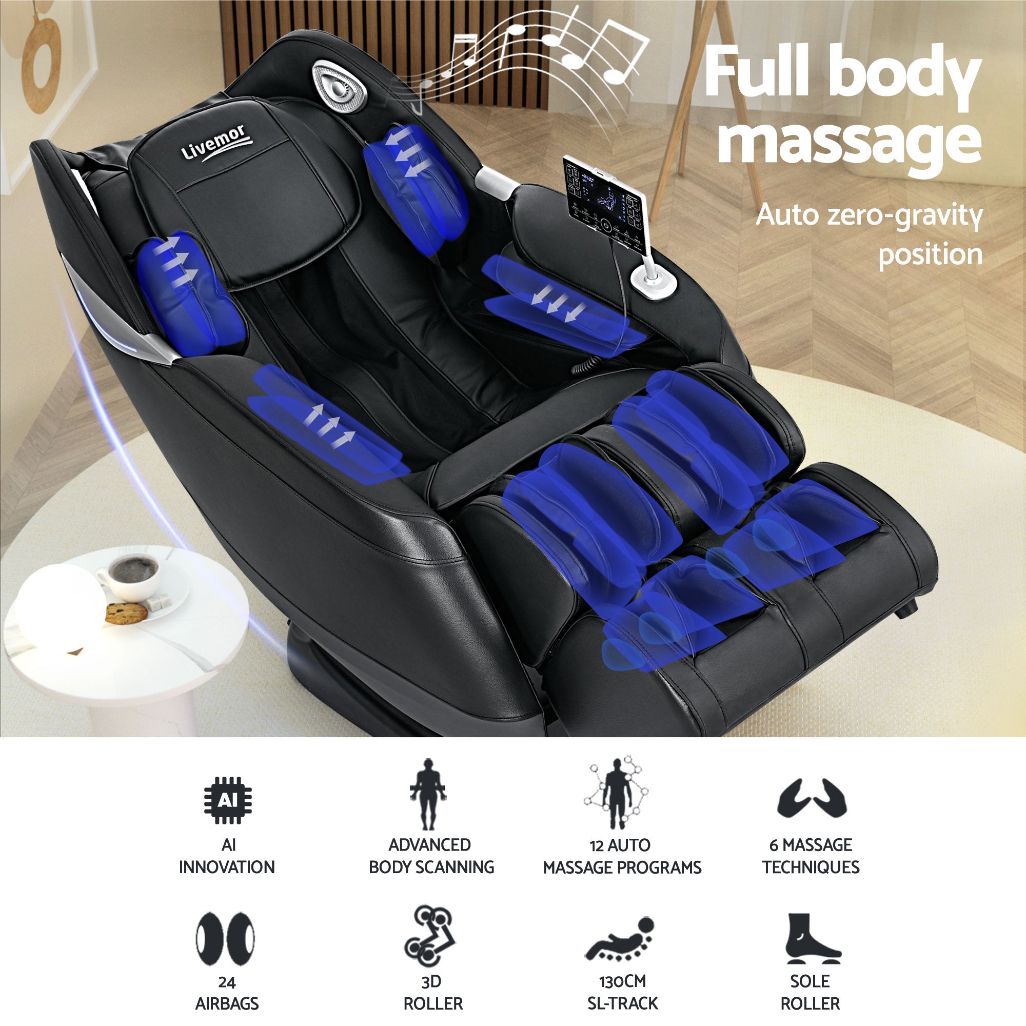 Flynn 3D Electric Massage Chair Zero Gravity Recliner Full Body Black