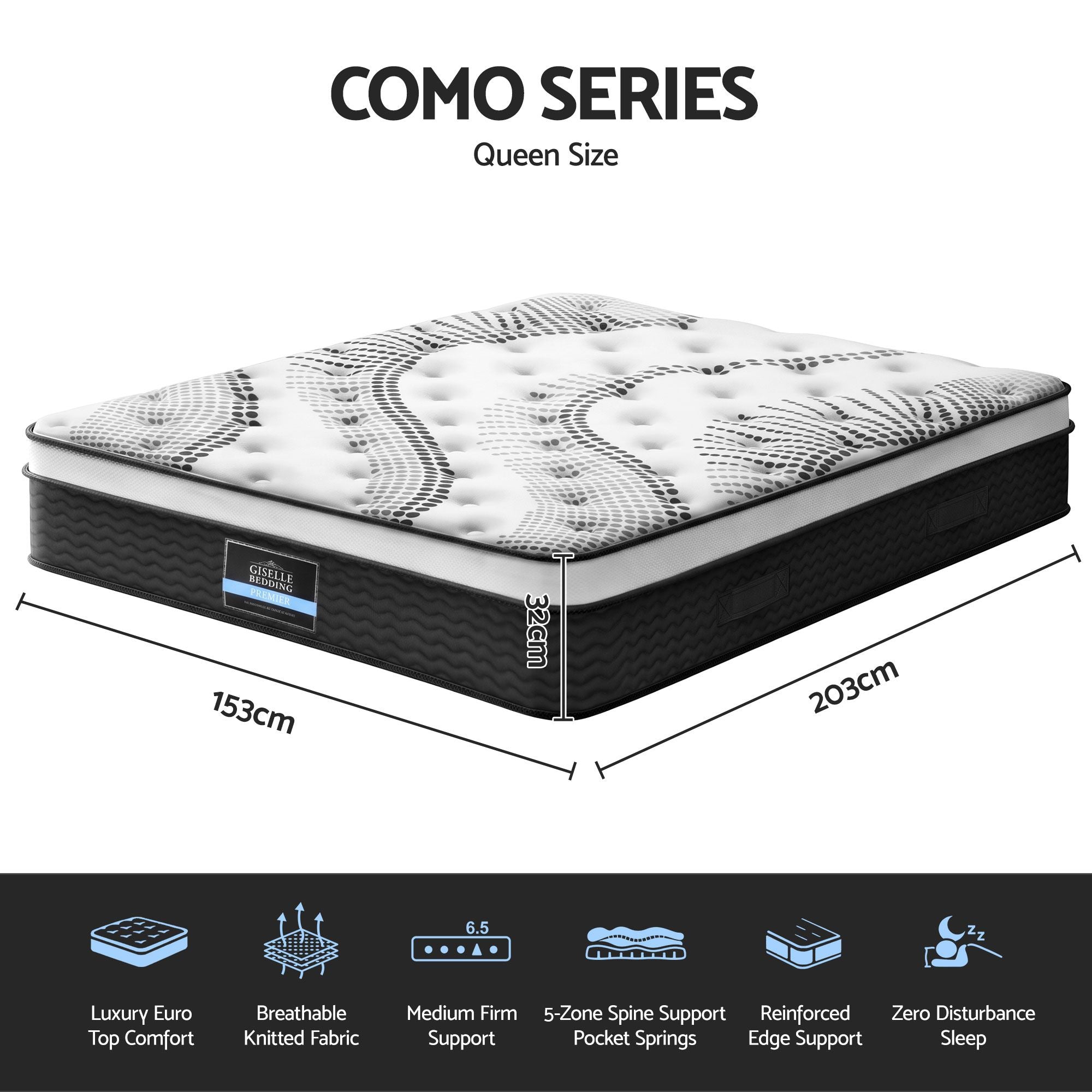 Queen Euro Top Mattress 32cm Pocket Spring 5 Zone Medium
