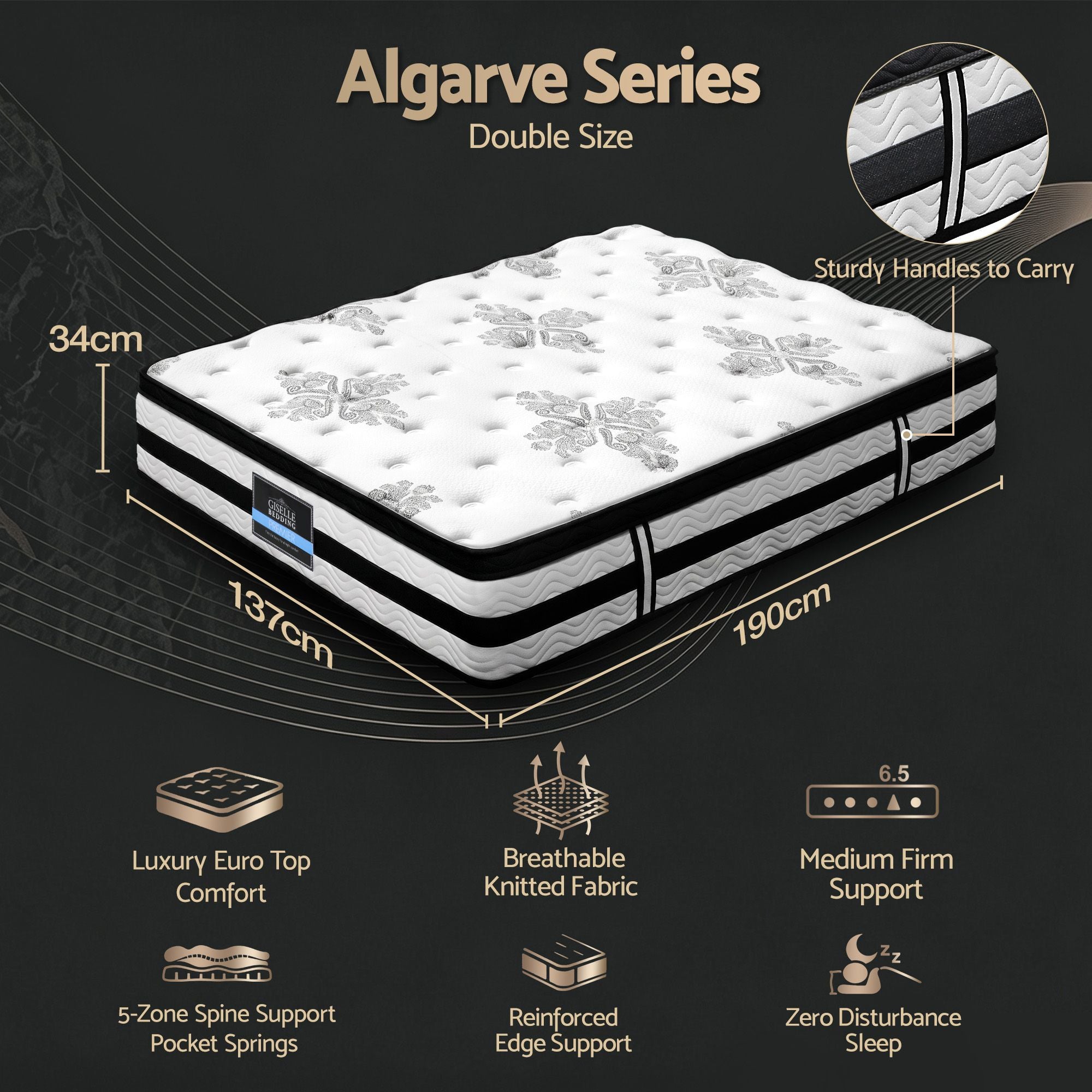 Double Euro Top Mattress 34cm Pocket Spring 5 Zone Medium Firm