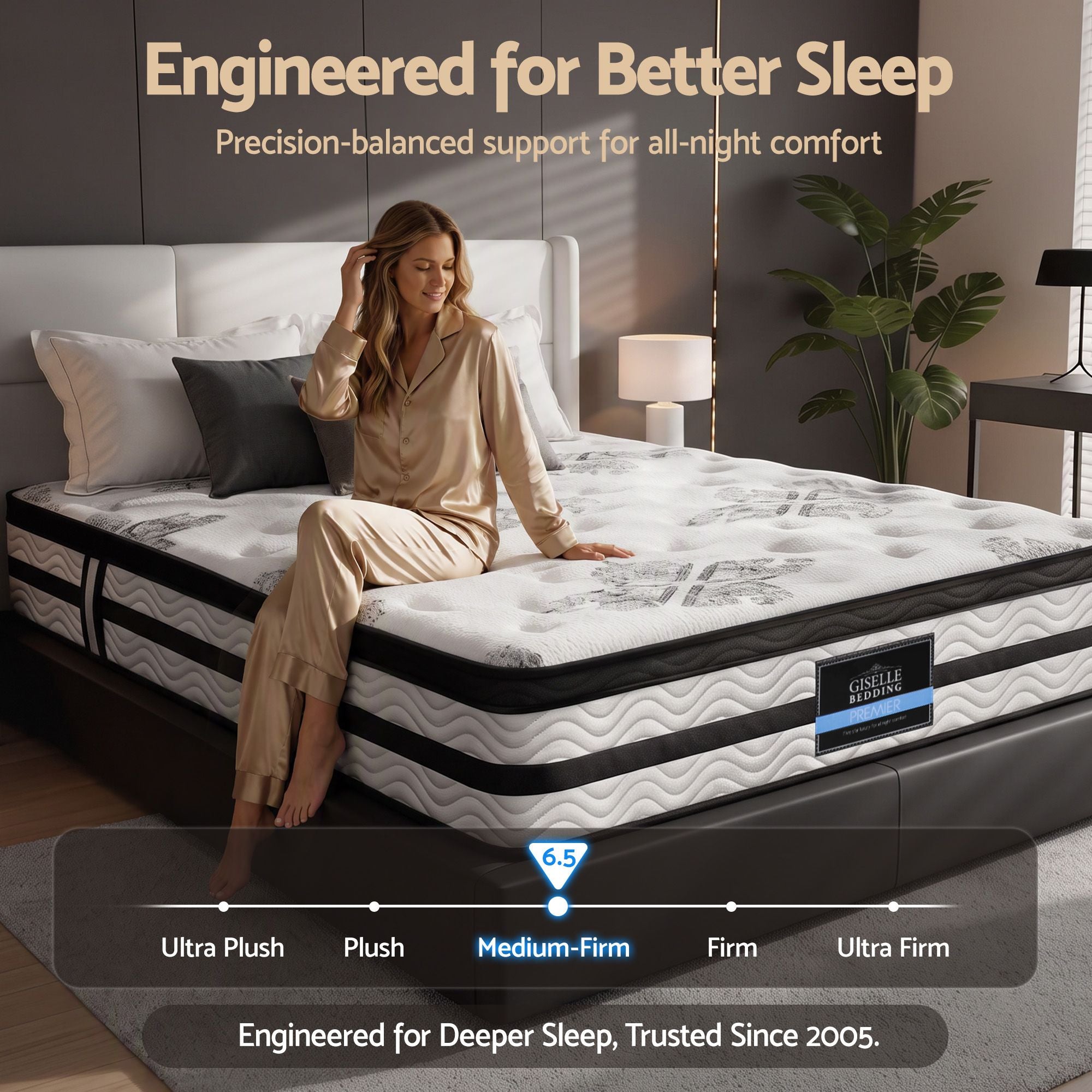 Double Euro Top Mattress 34cm Pocket Spring 5 Zone Medium Firm
