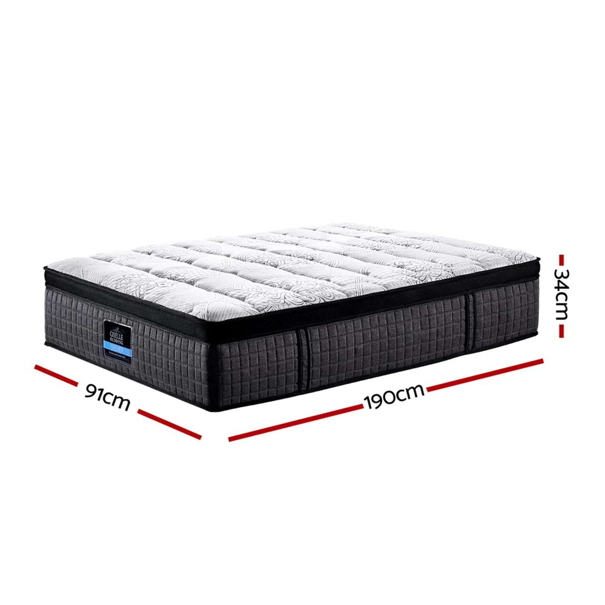 Marc Series Euro Top Single Mattress 34cm 9 Zone Pocket Spring Medium Firm