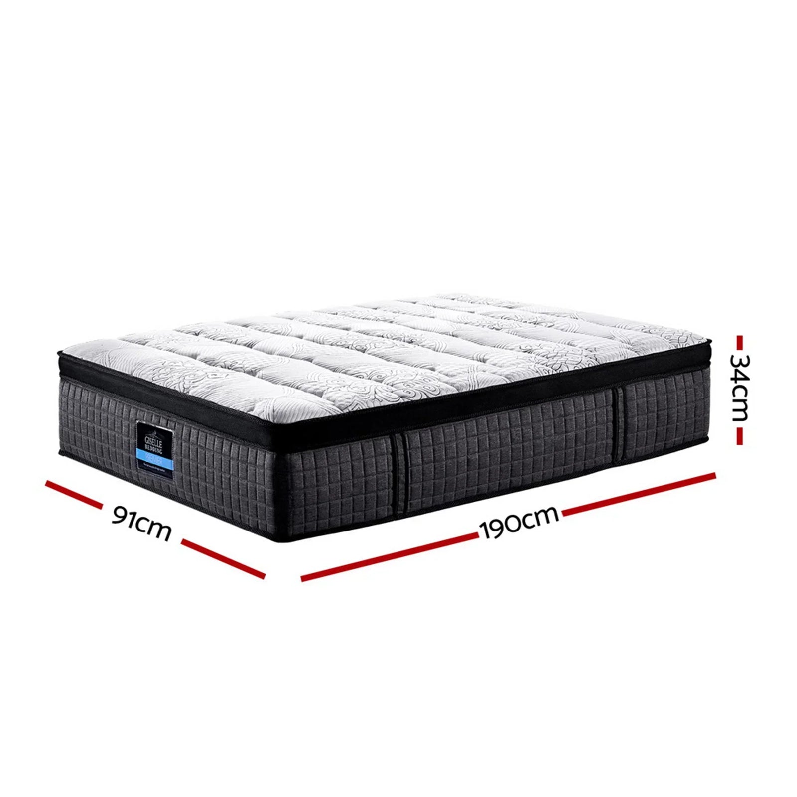 Marc Series Euro Top Single Mattress 34cm 9 Zone Pocket Spring Medium Firm