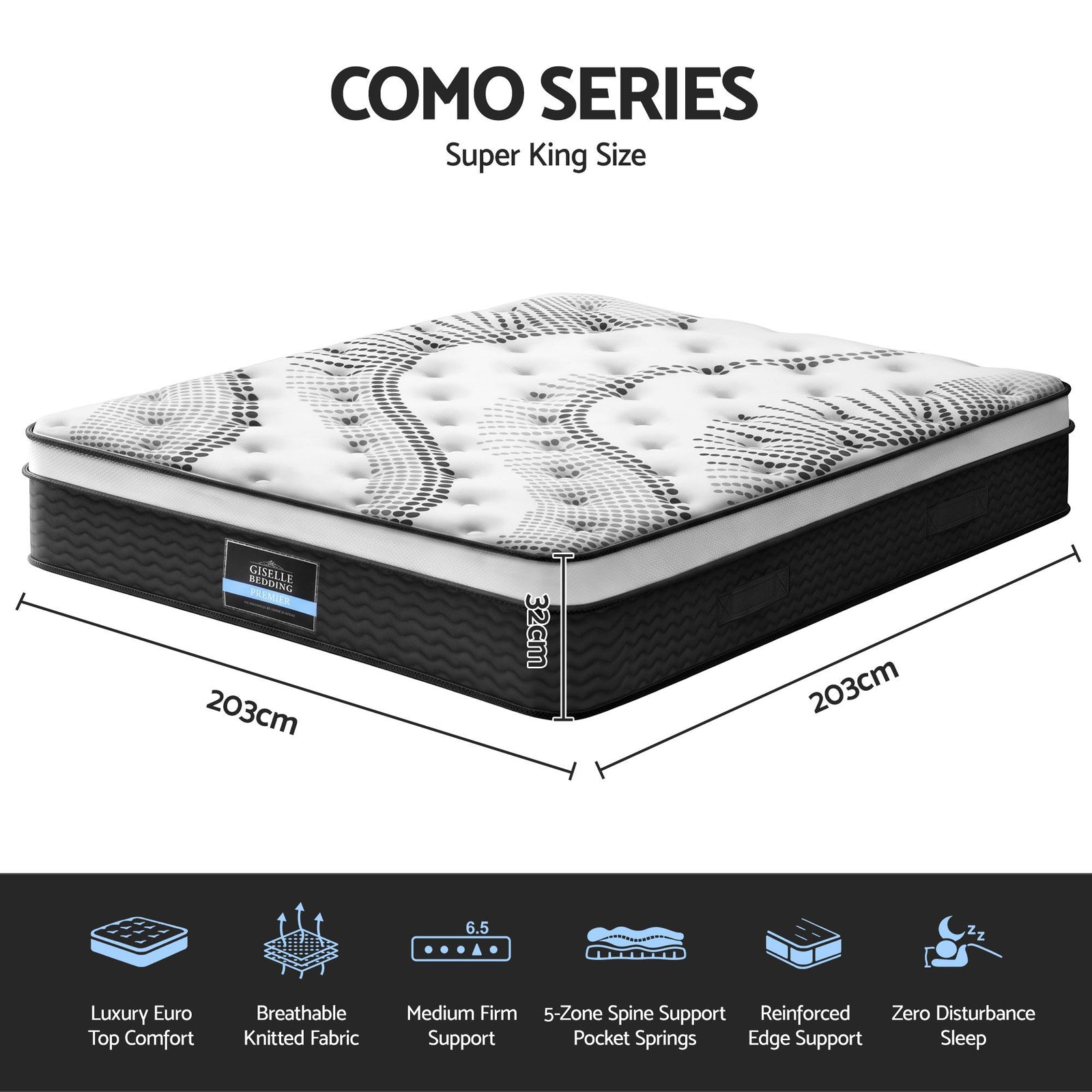 32cm Euro Top Super King Mattress Medium Firm Pocket Spring Como Series