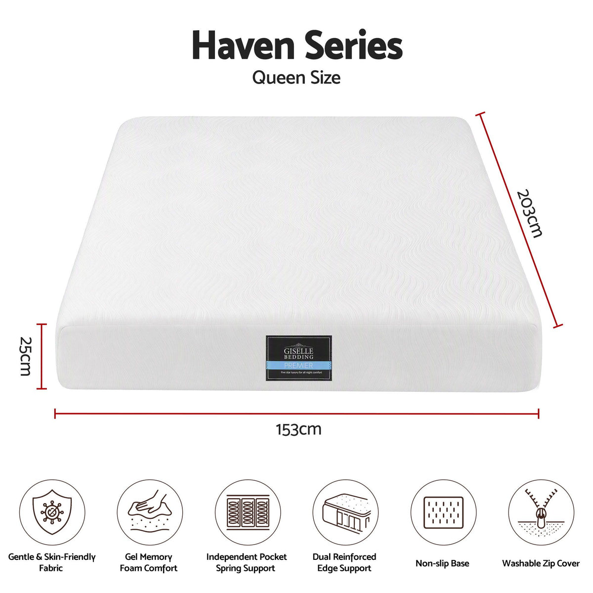 Giselle Queen Hybrid Mattress 25cm Pocket Spring Gel Foam Firm Edge Support