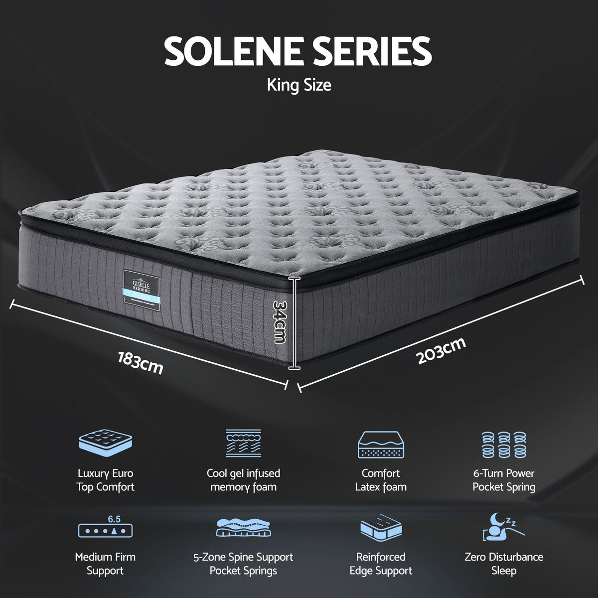 34cm King Mattress Euro Top Gel Memory Foam Pocket Spring Grey